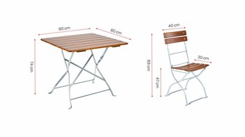 Das Bild zeigt einen quadratischen 80x80 Gartentisch, sowie einen Gartenstuhl. Neben den Gartenmöbeln stehen die jeweiligen Maße.