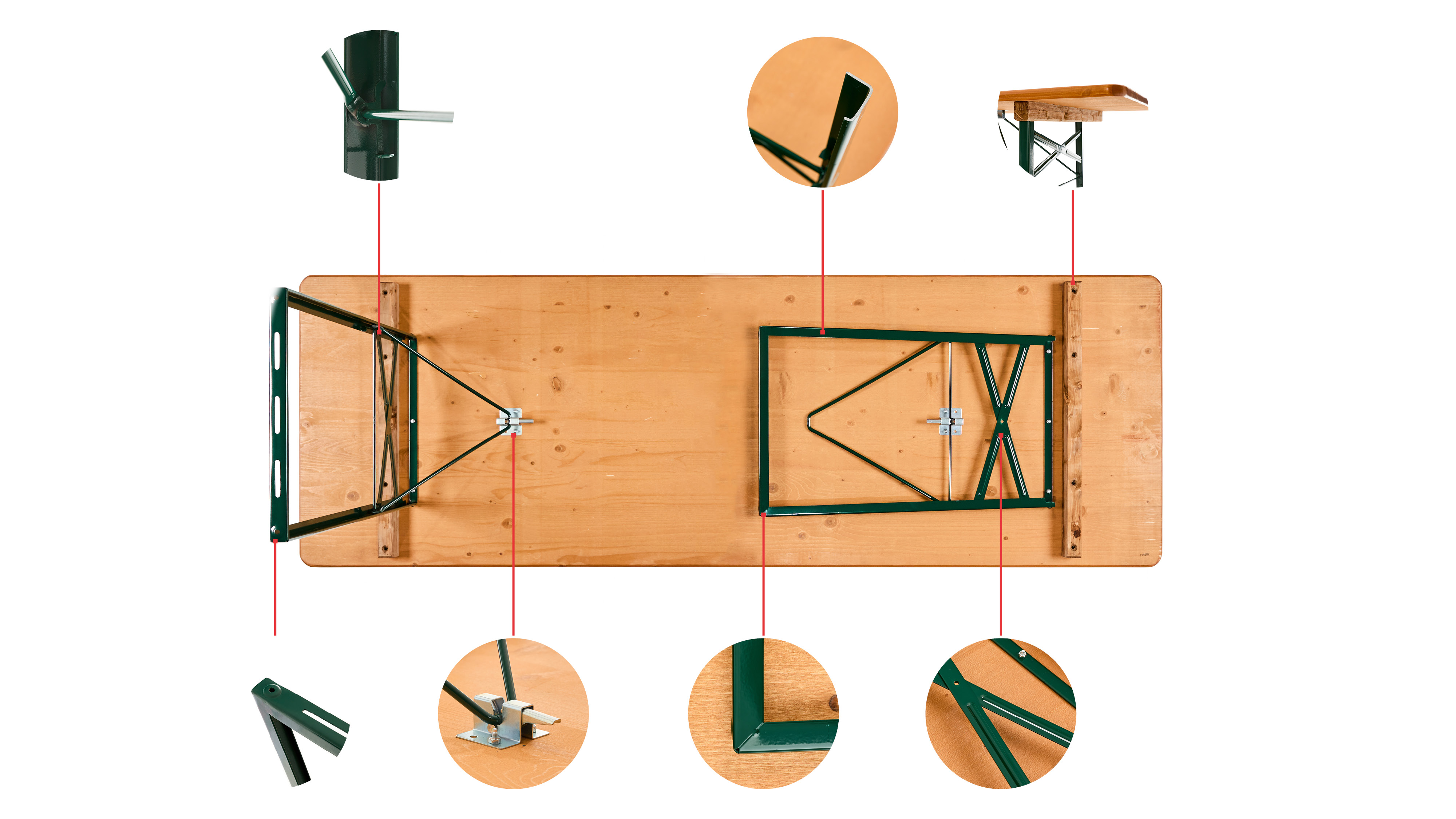 The bottom of the classic beer garden table set including small circles with detail photos of the construction are shown in this graphic.