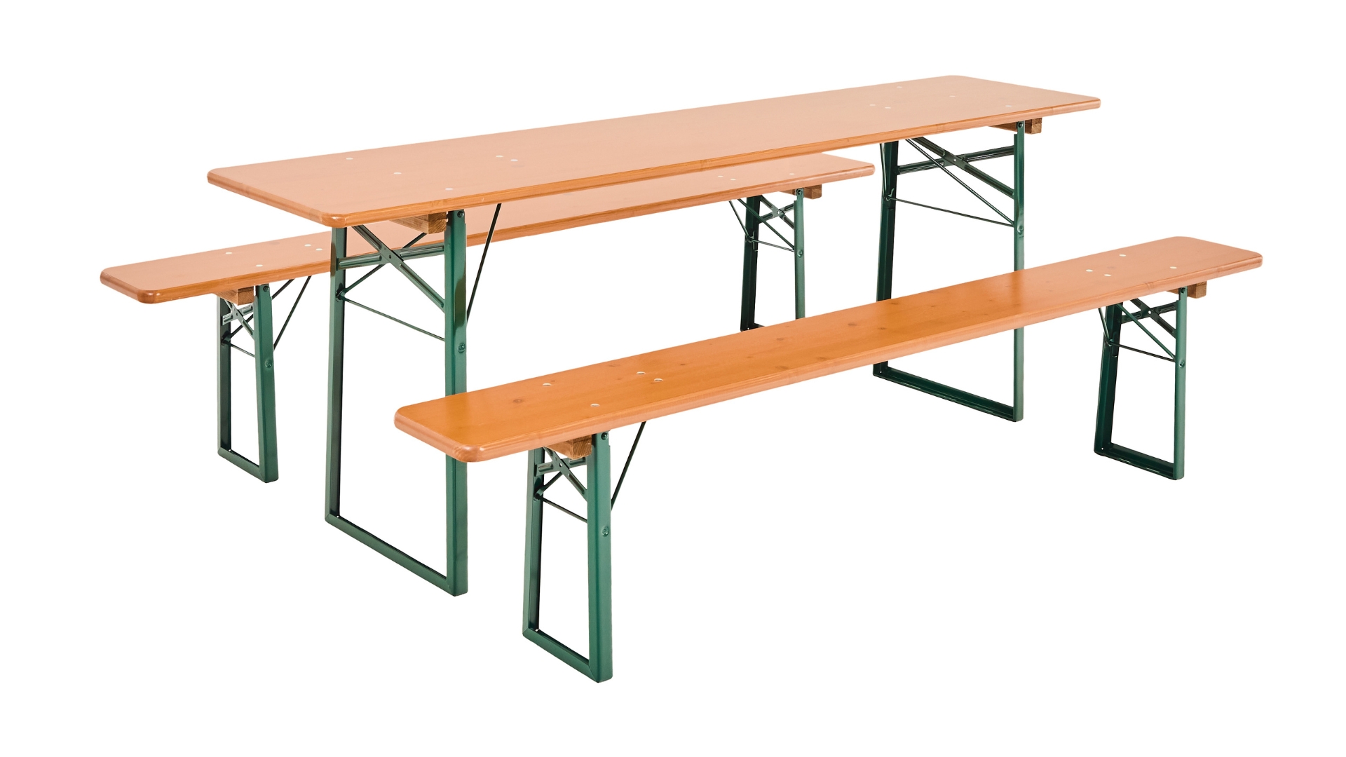 The classic beer garden table sets in the color pine.