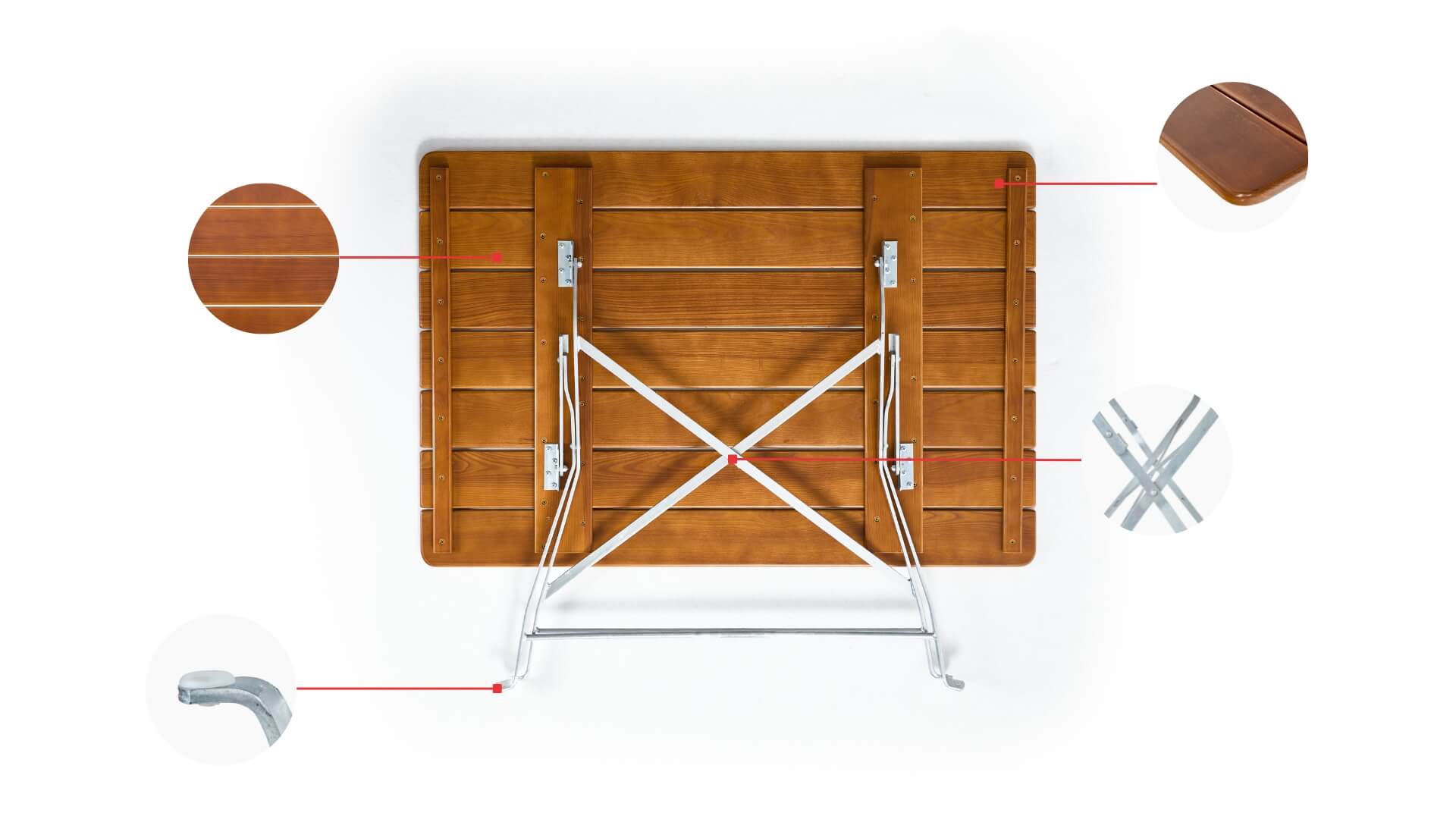 In circles are shown the construction details of the rectangular beer garden table.