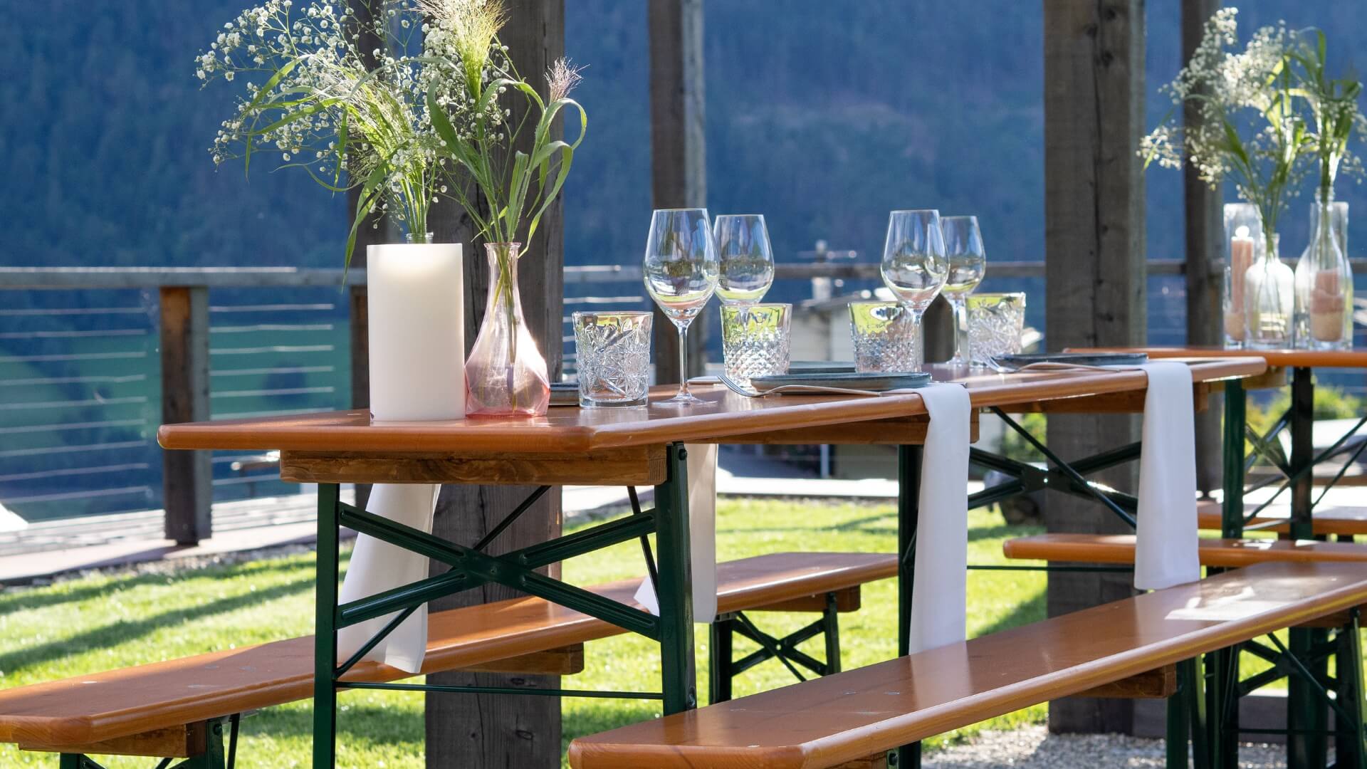 Our classic beer garden table set was lovingly decorated in shades of white and blue for a wedding.