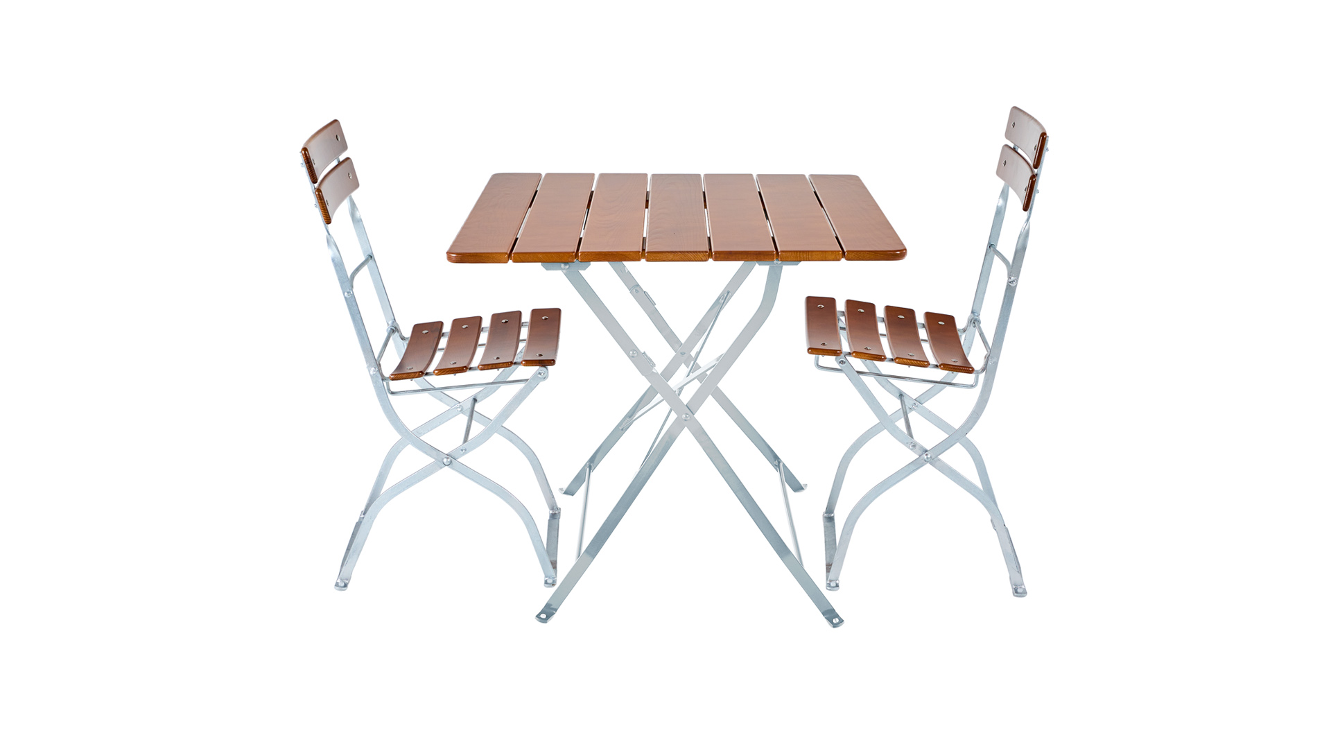 Square beer garden table is shown with two beer garden chairs frontally.