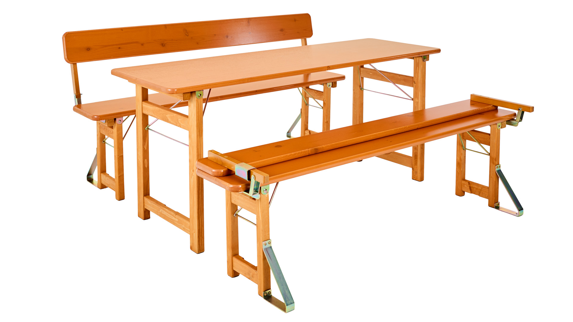 Die Designgarnitur Rustica bestehend aus Tisch und zwei Bänken mit Lehne, wobei eine Lehne zugeklappt ist.