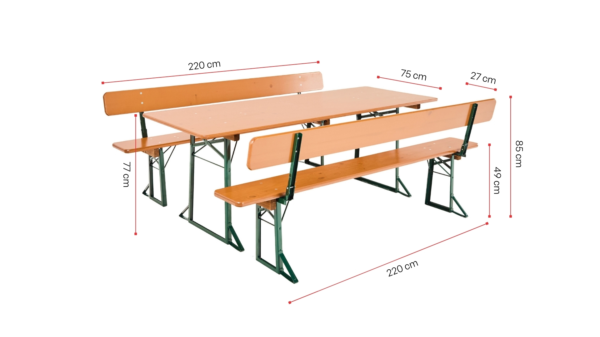 A wide beer garden table sets with backrest is shown with its dimensions in pine.