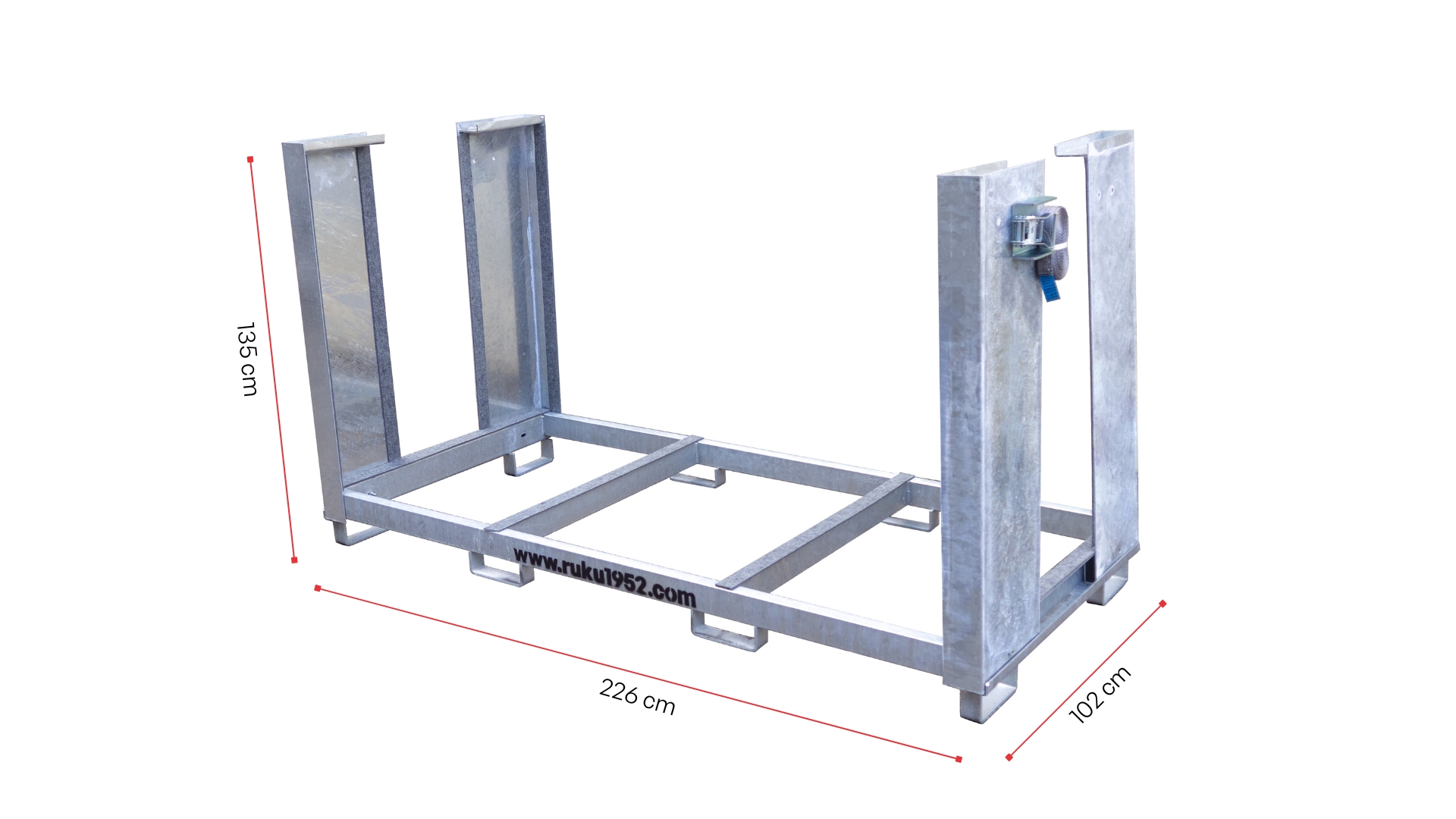 The empty transport container is shown with its dimensions.