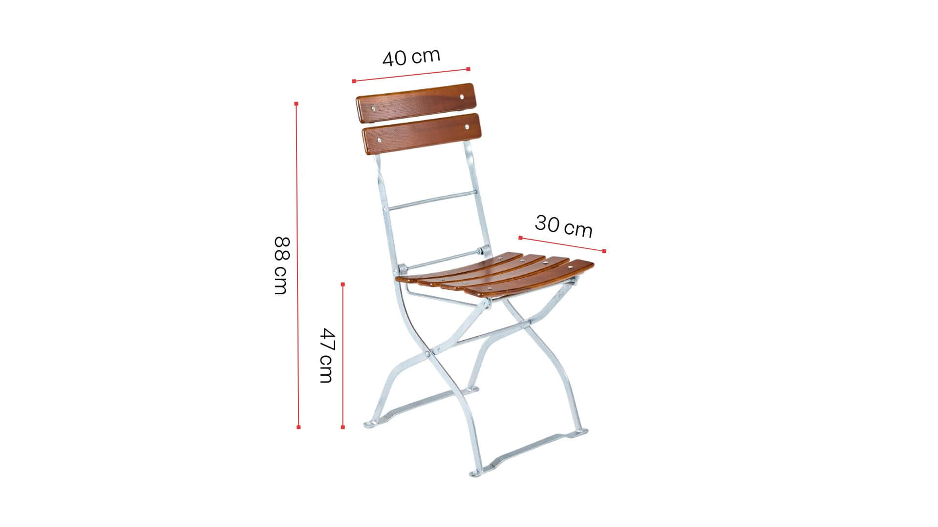 Dimensions of the beer garden chair are shown.