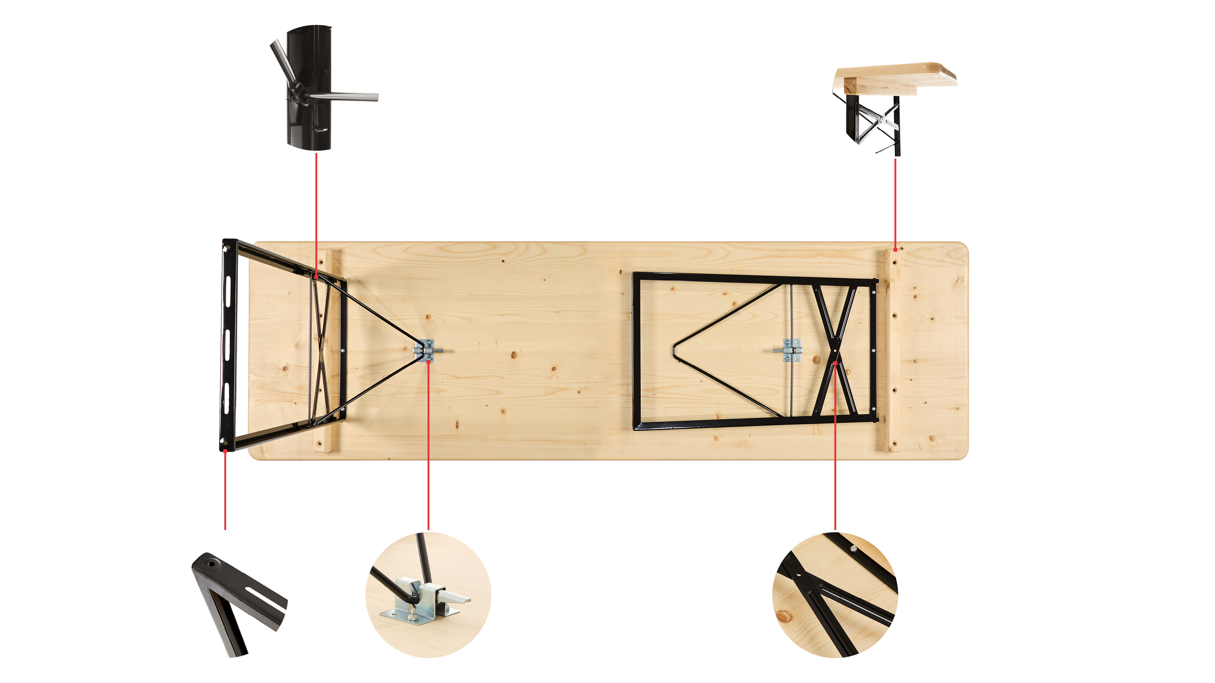 The bottom of the classic beer garden table set including small circles with detail photos of the construction are shown in this graphic.