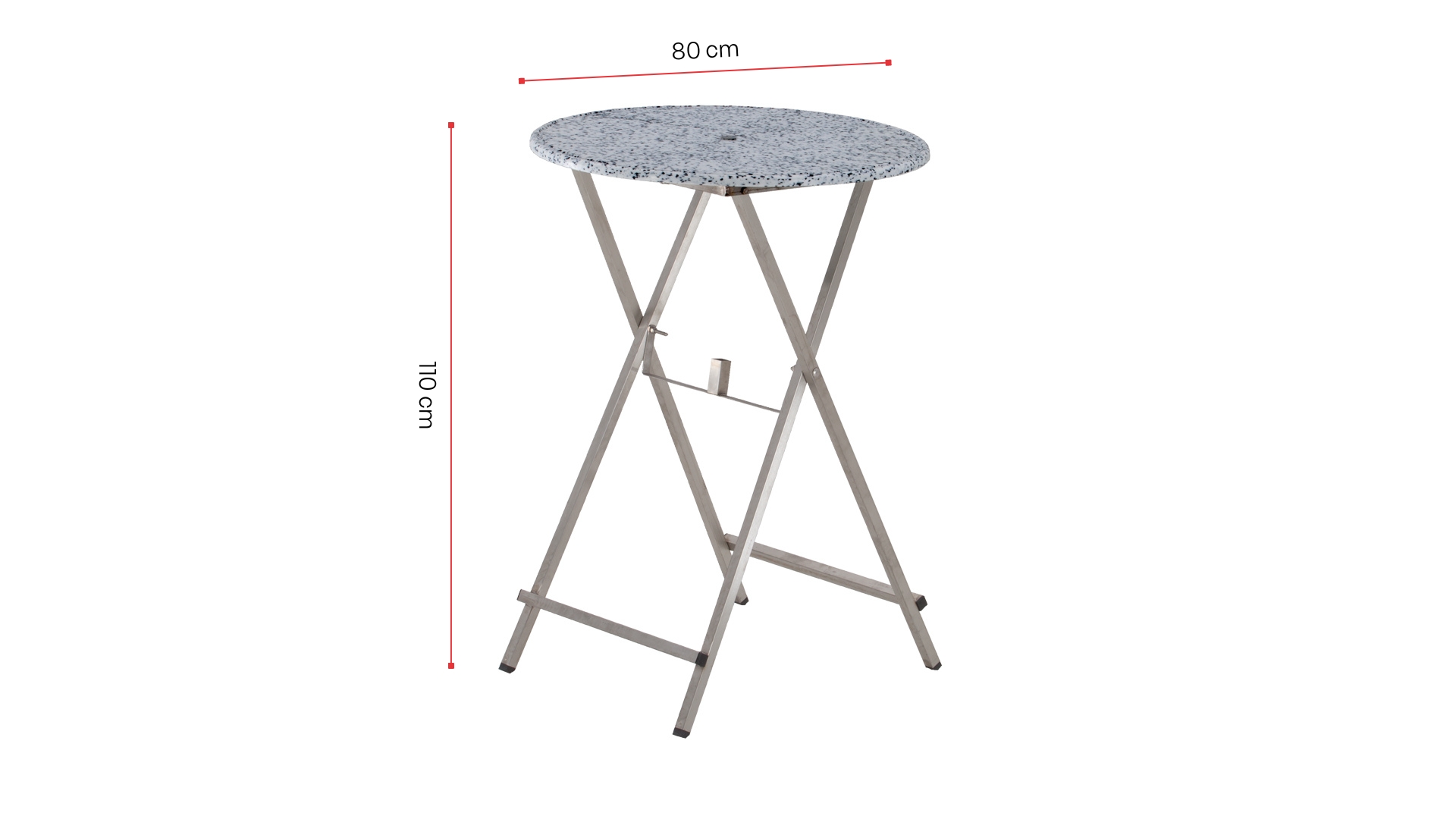 Runder Stehtisch "Unkaputtbar" mit 80 cm breiter Tischplatte und integriertem Schirmloch. Die Höhe beträgt 110 cm.