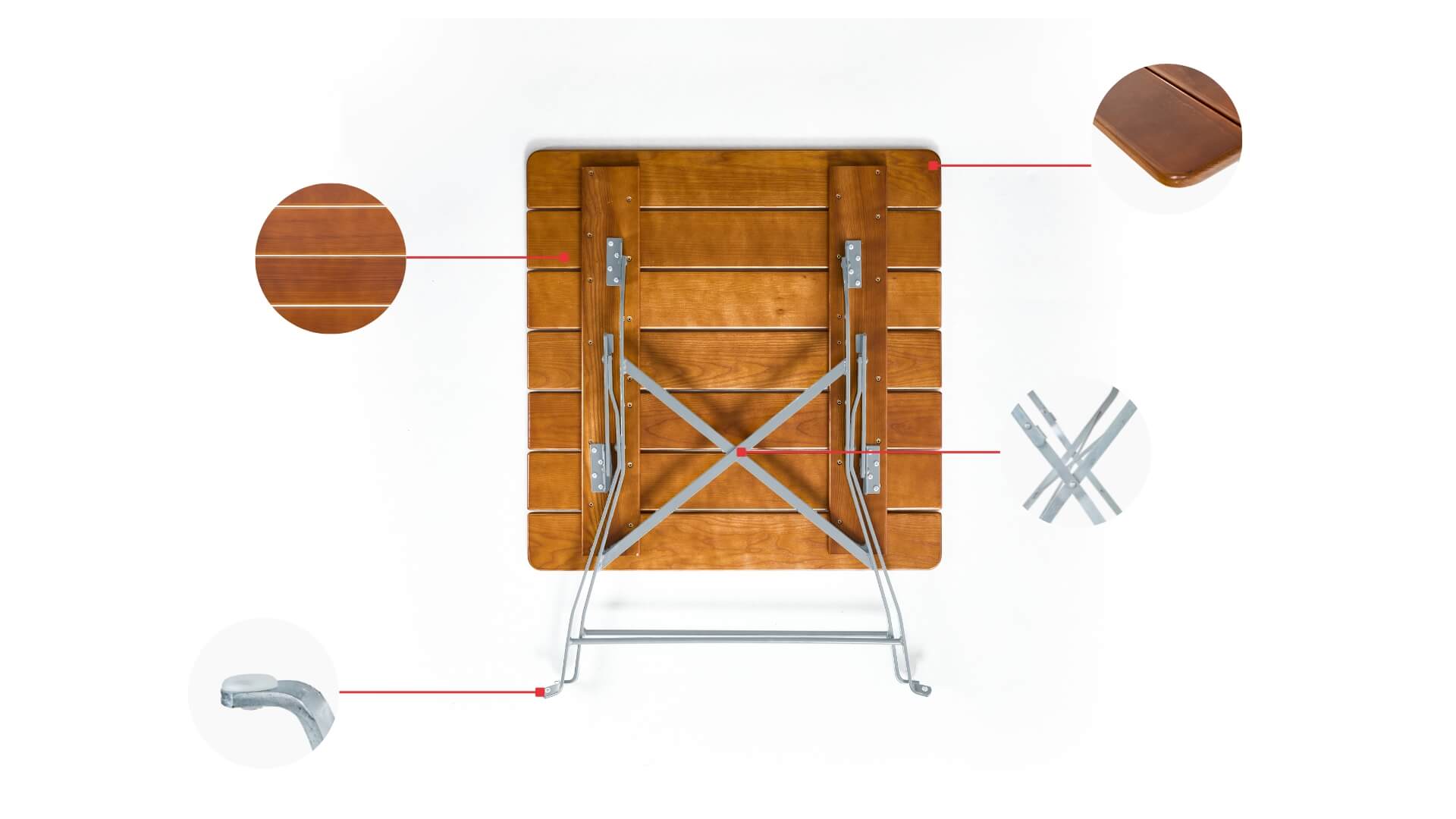 In Kreisen werden die Konstruktionsdetails des quadratischen Biergartentisches dargestellt.