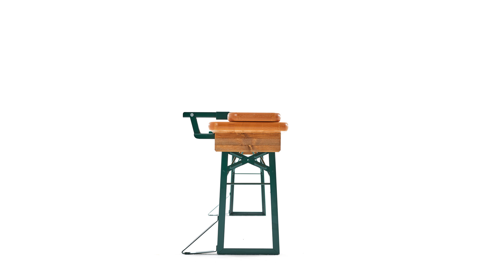 The front view of the folded classic beer bench with backrest