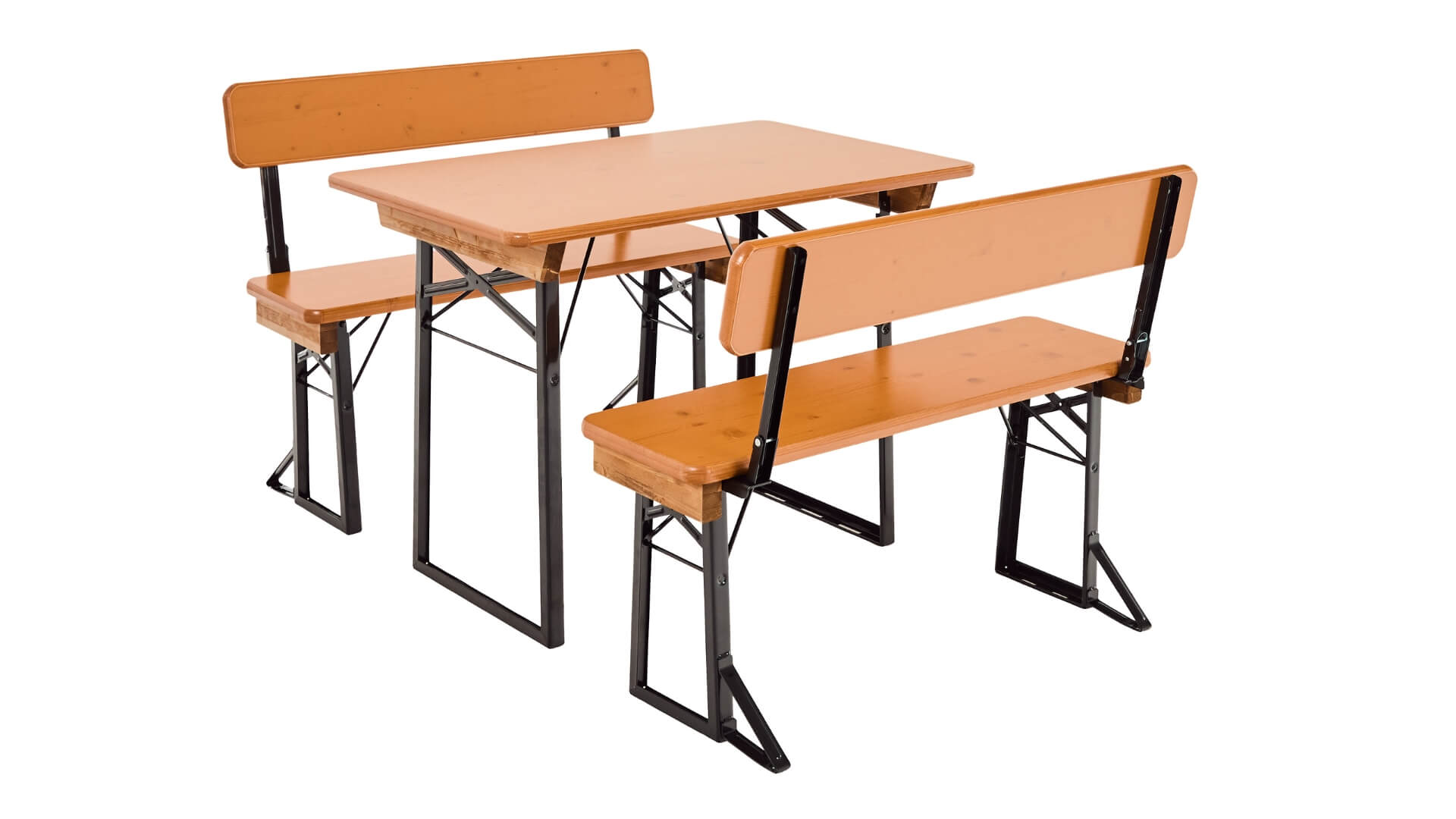 The small beer garden table sets with backrest in the color pine.