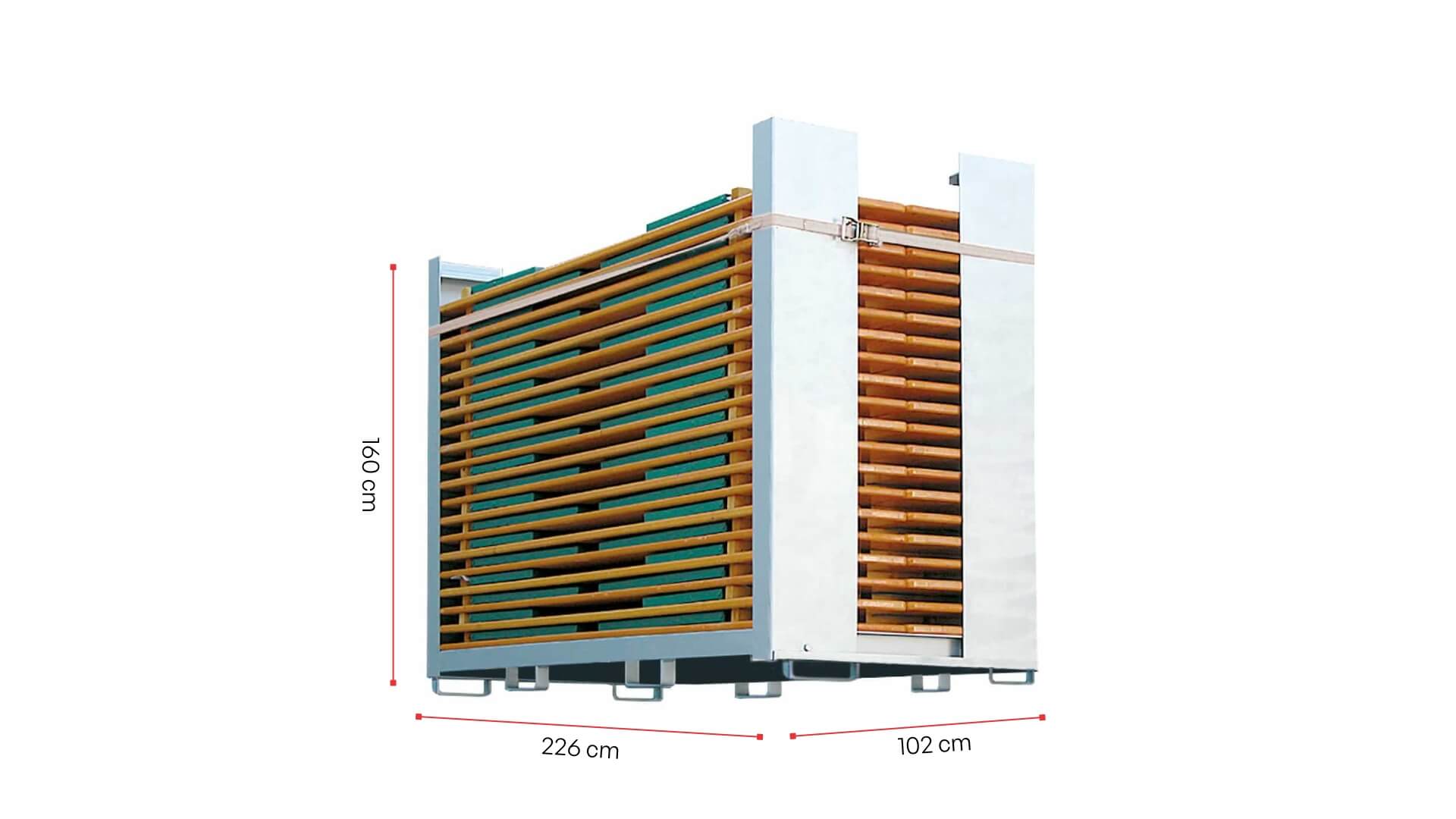 The transport container is shown with its dimensions.