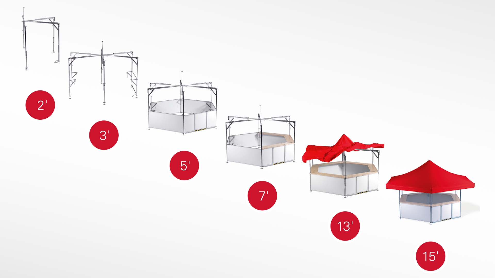 The individual steps of the construction of a beer stand are shown. In only 15 minutes, the beer stand can be assembled and disassembled by 2 people. 