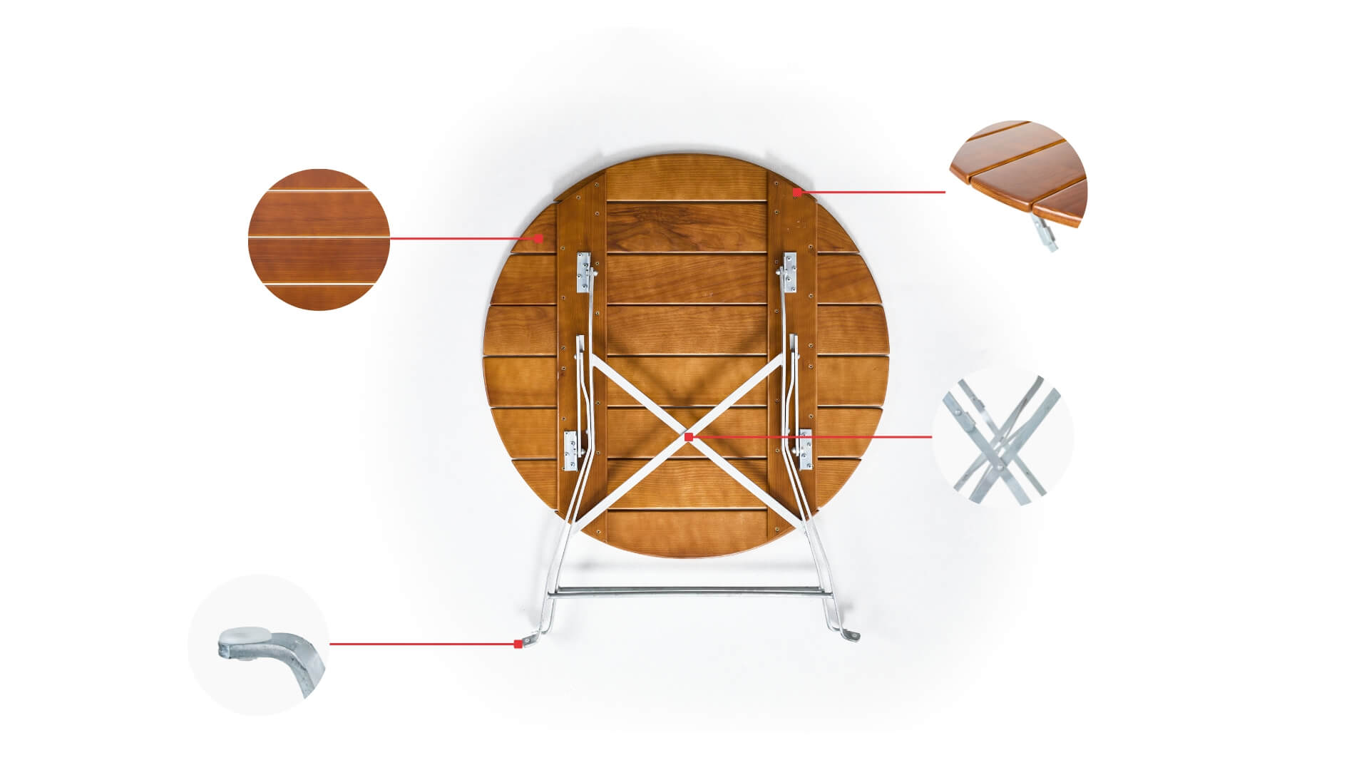 In circles are shown the construction details of the round beer garden table.