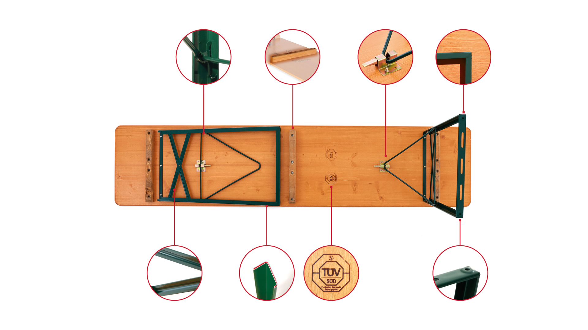 Die Unterseite der klassischen Bierzeltgarnitur inklusive kleinen Kreisen mit Detailfotos der Konstruktion werden in dieser Grafik dargestellt.