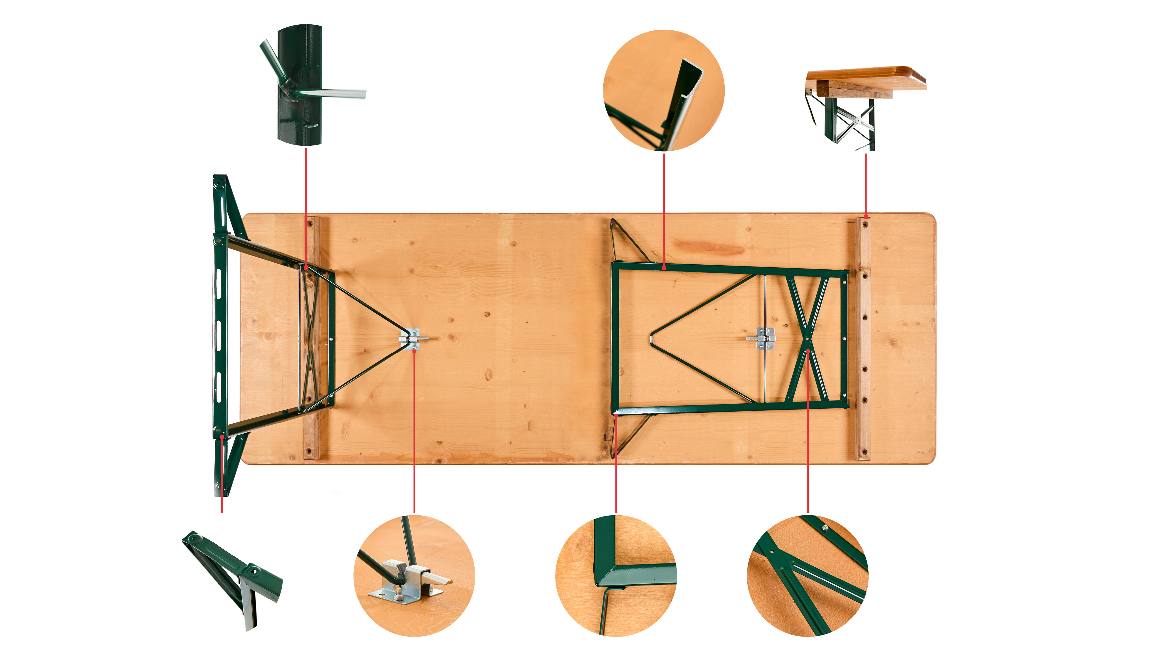 The bottom of the wide beer garden table set including small circles with detail photos of the construction are shown in this graphic.