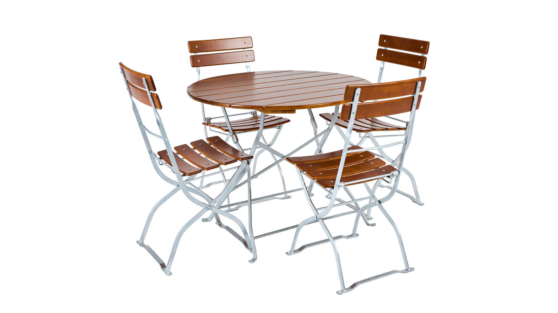 The round beer garden table is represented with four beer garden chairs.