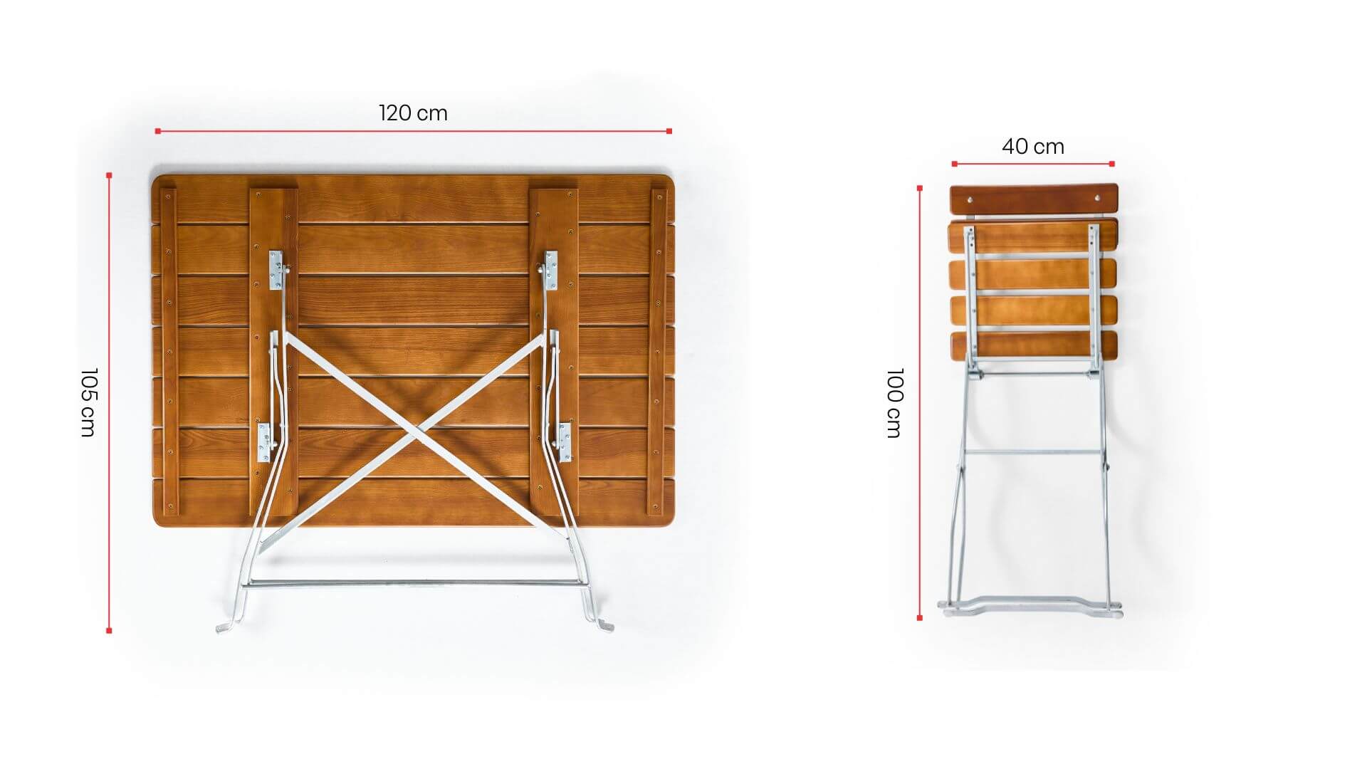 The folded dimensions of the rectangular beer garden table and beer garden chair are shown.