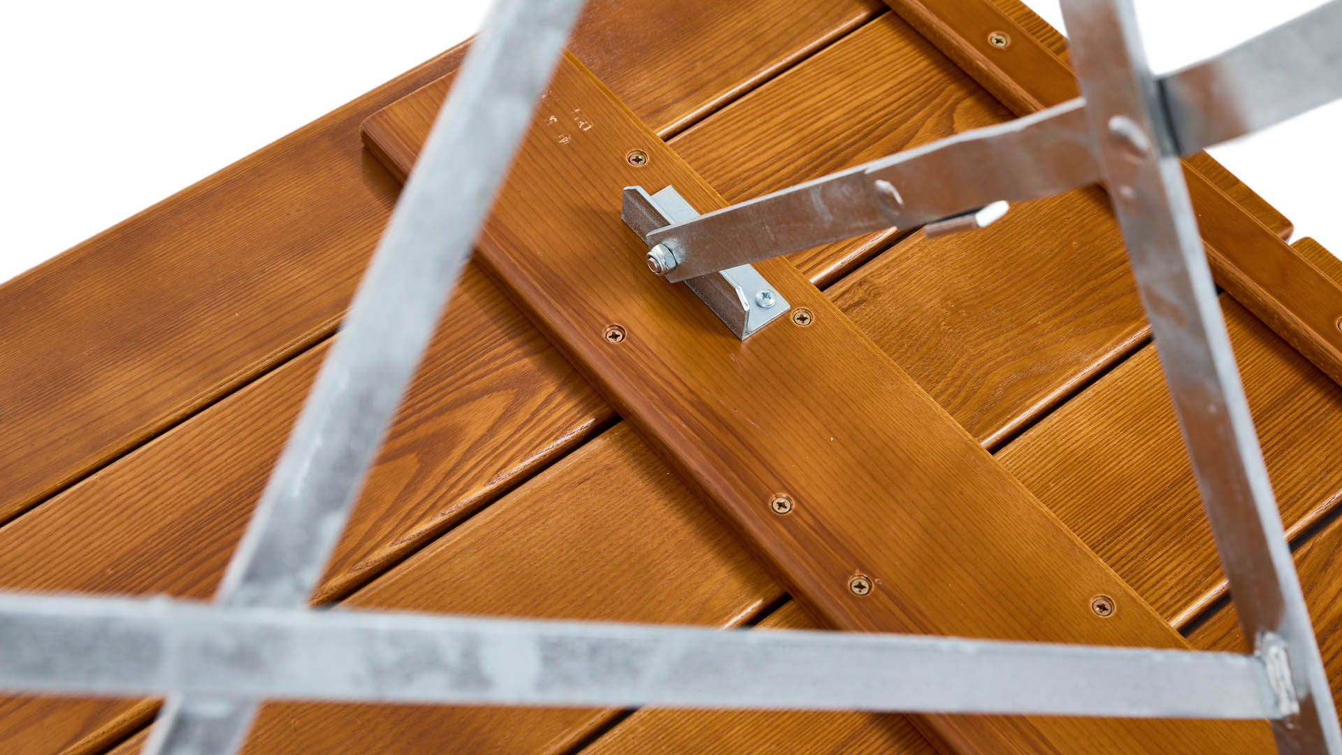 The frame is attached to the wooden slats of the rectangular beer garden table.