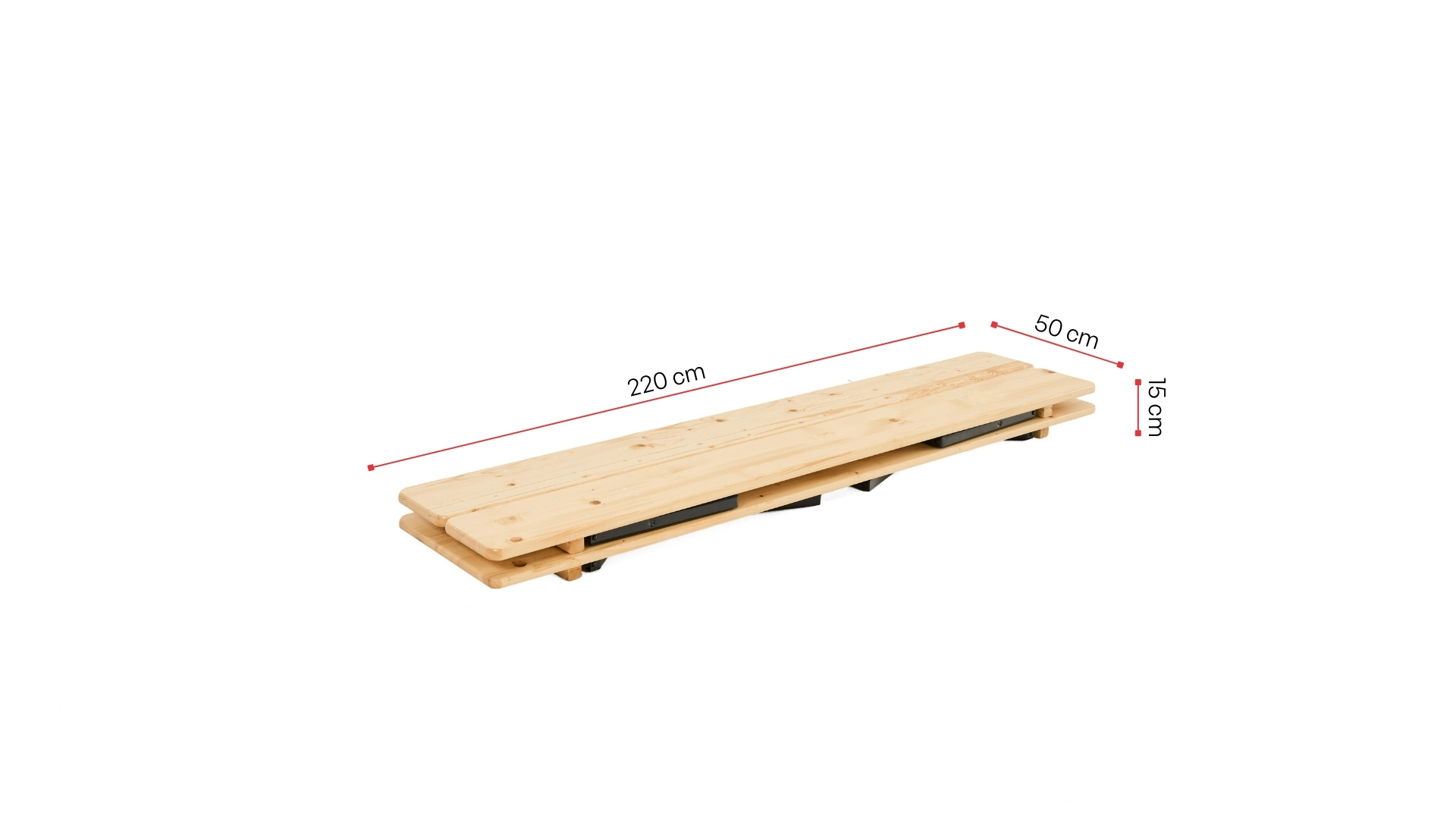 The beer garden table set with legroom is shown with its folded dimensions.