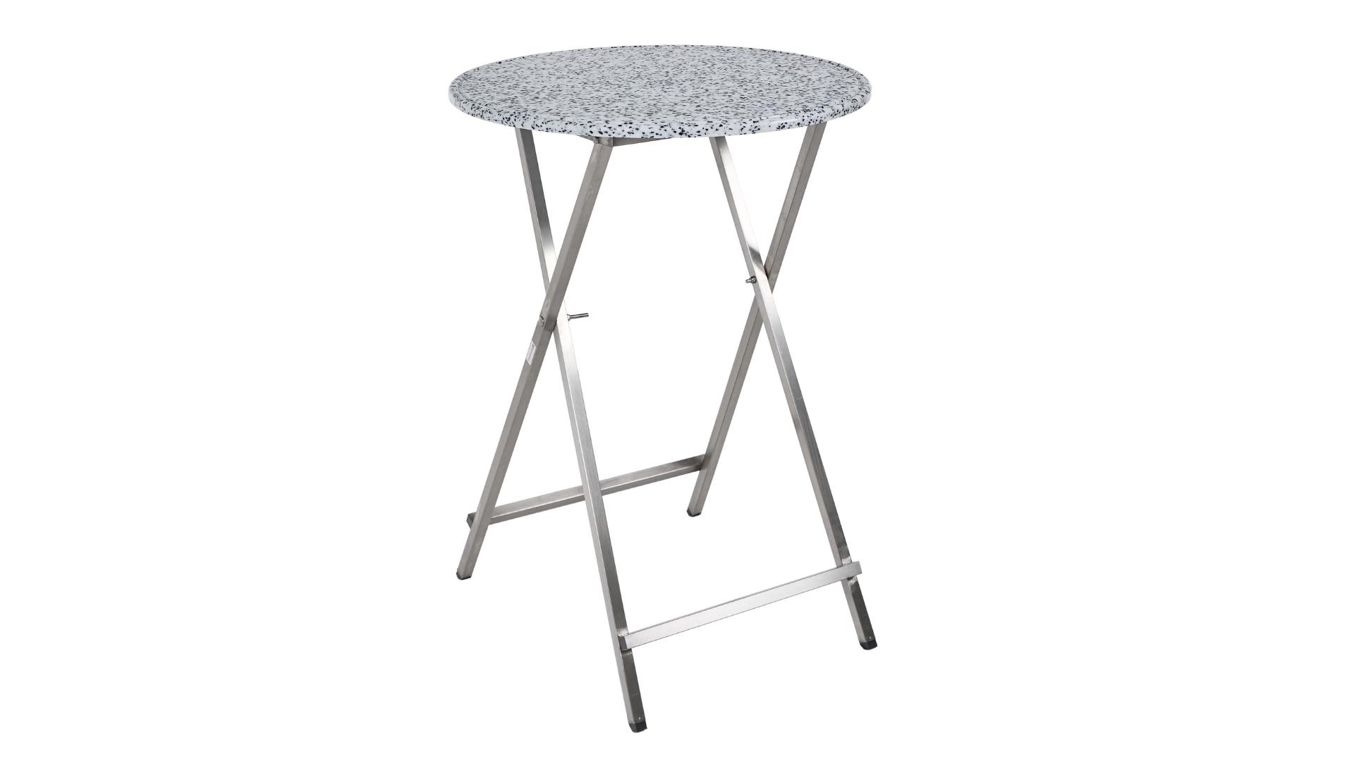 Klappbarer, runder Stehtisch "Unkaputtbar" aus Edelstahl mit weiß marmorierter PE-500-Kunststoff-Tischplatte.