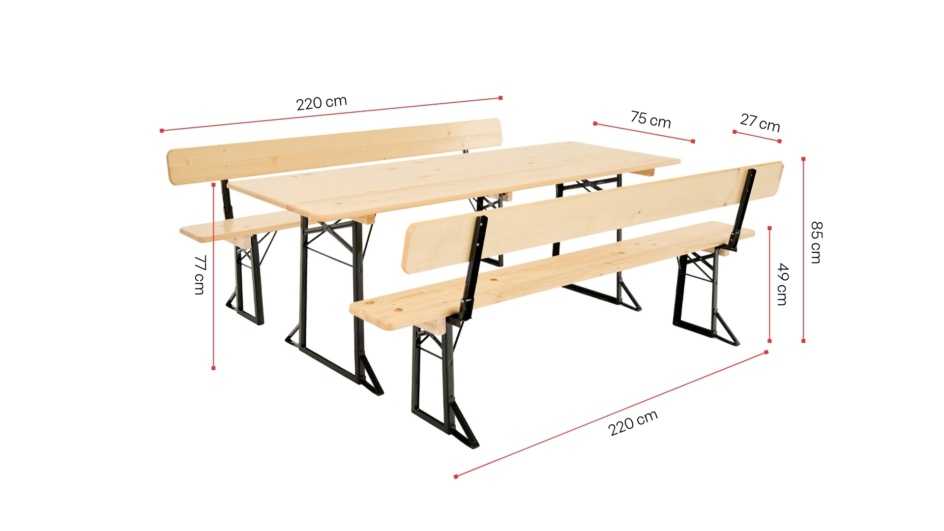 A wide beer garden table sets with backrest is shown with its dimensions in nature.
