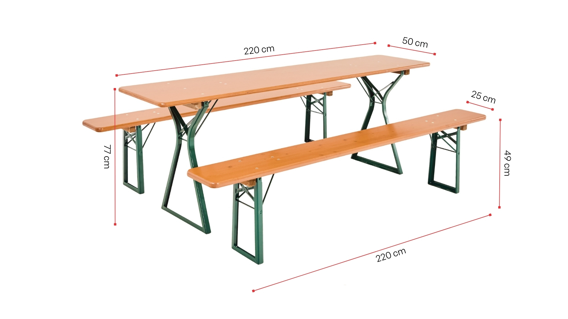 A classic beer garden table set with legroom in pine is shown with its dimensions.