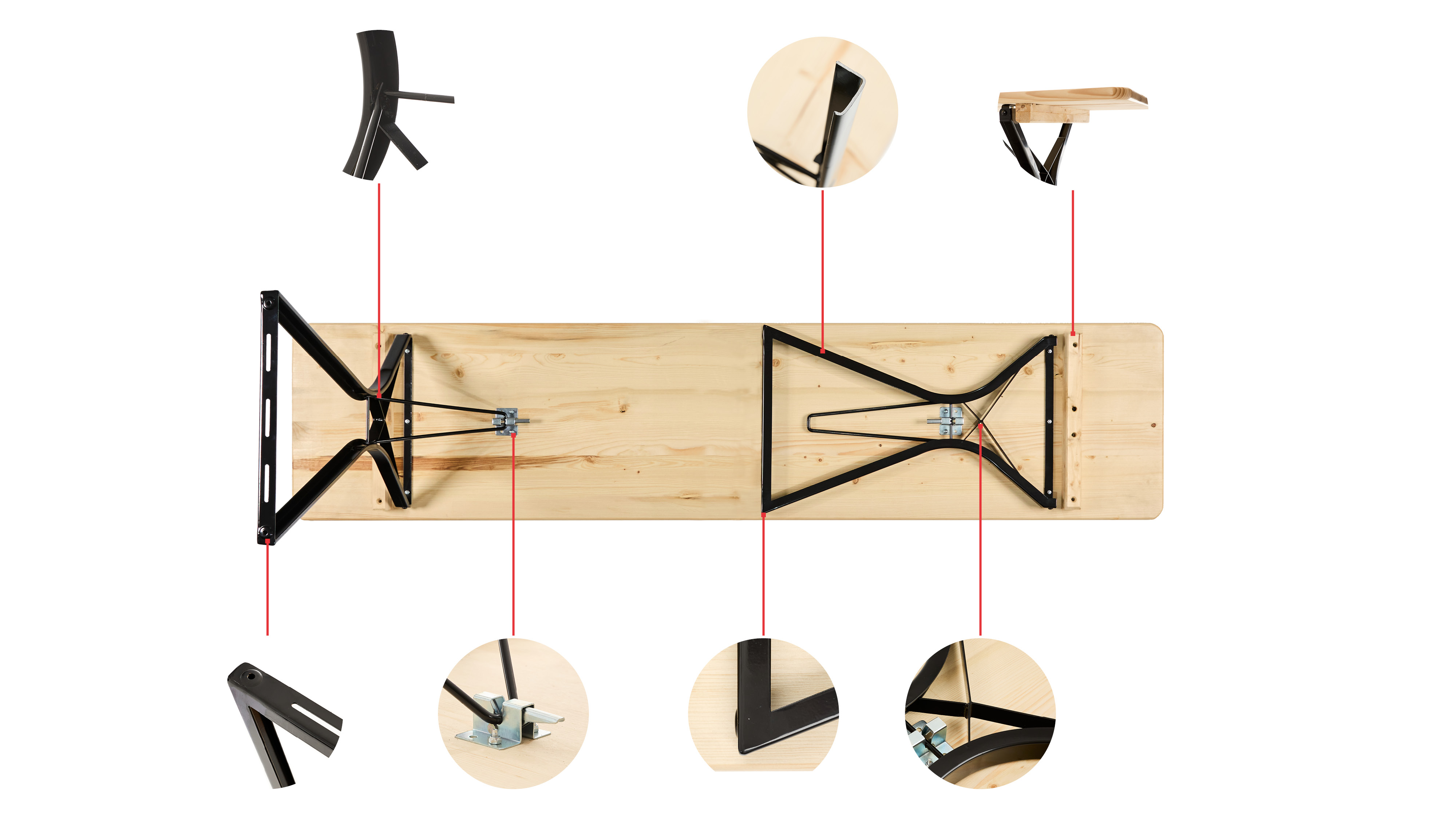 The bottom of the beer garden table set with legroom including small circles with detail photos of the construction are shown in this graphic.