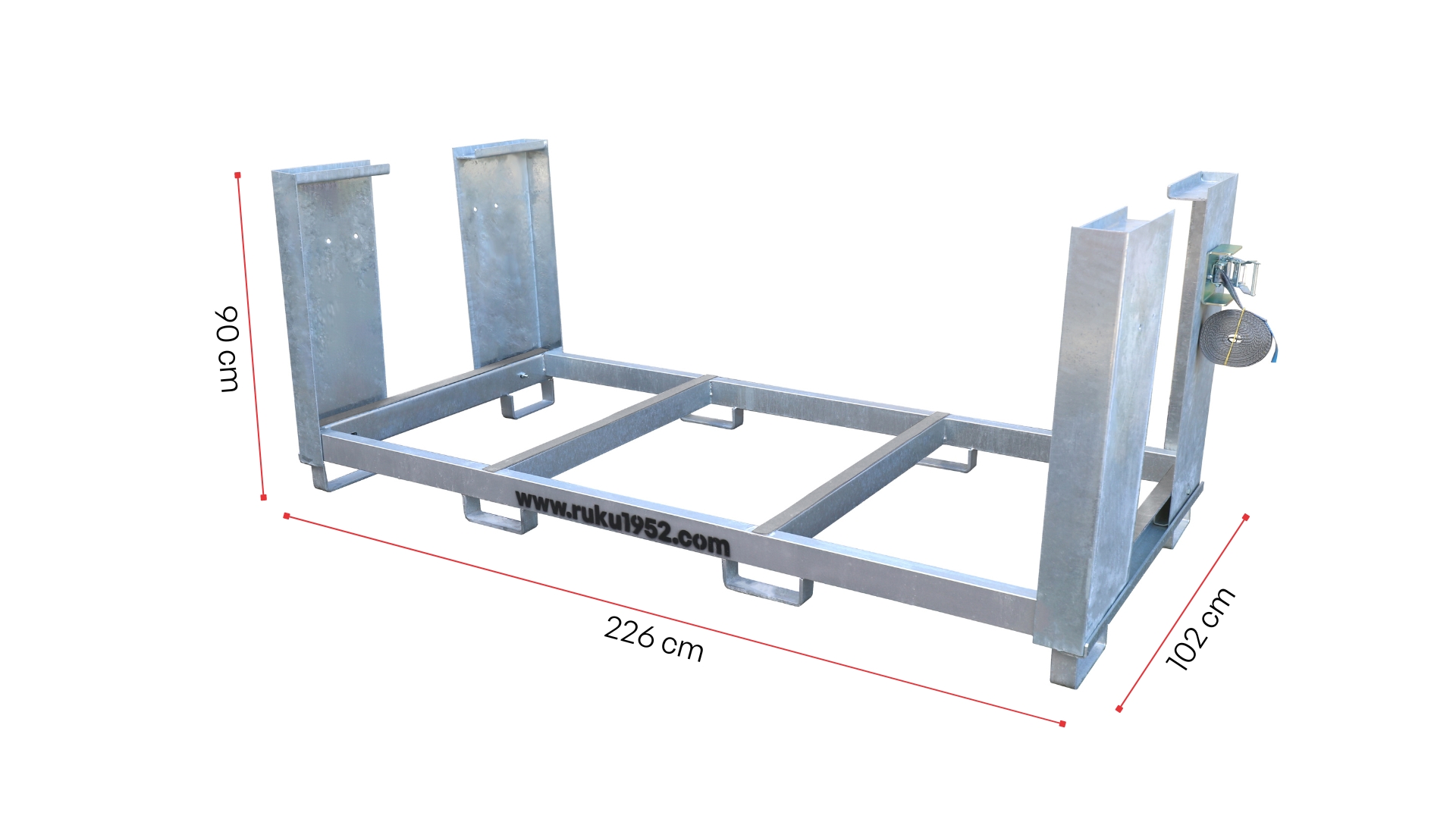 Der leere Transportcontainer wird mit seinen Maßen dargestellt.