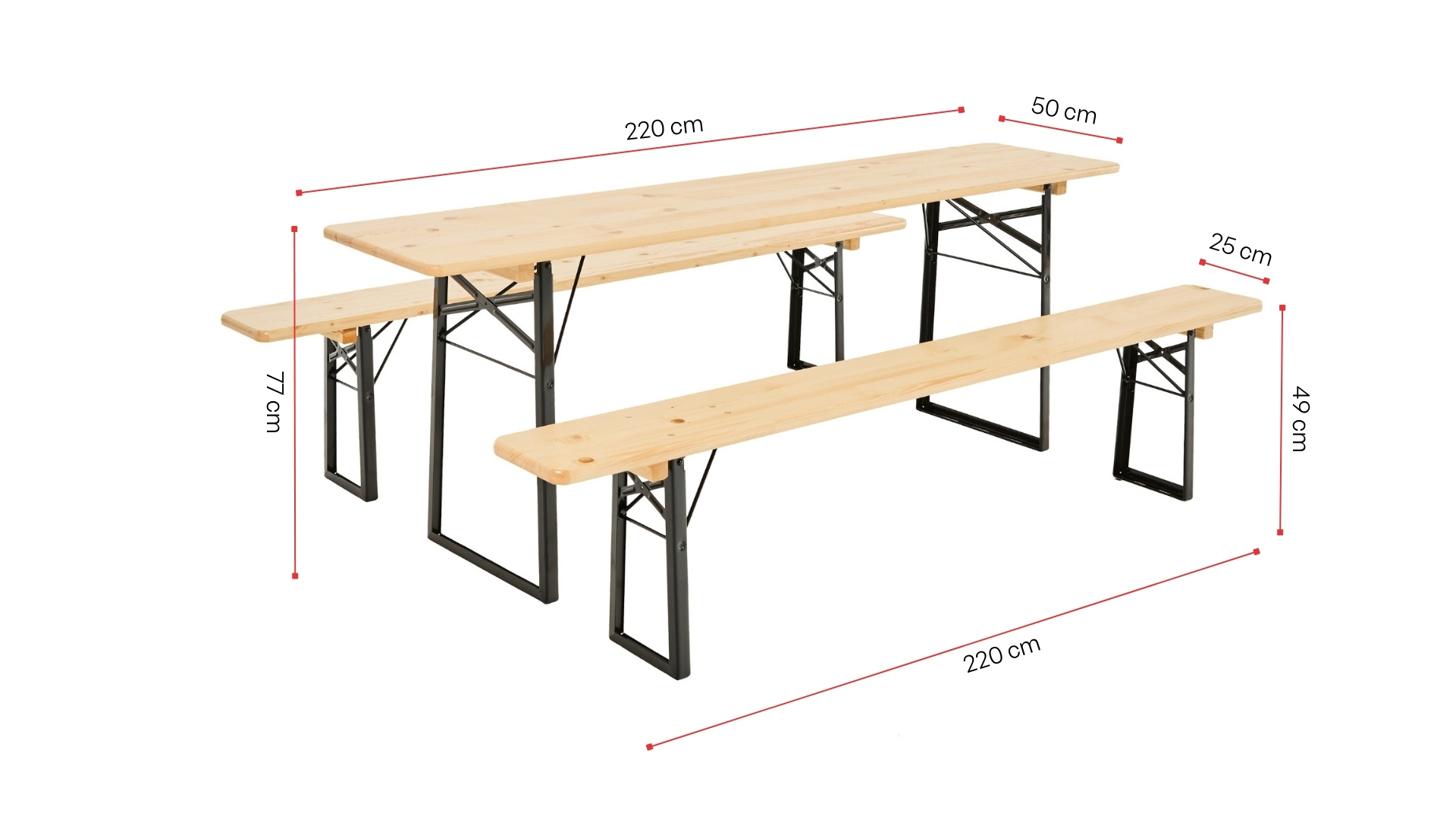 A classic beer garden table sets in nature is shown with its dimensions.