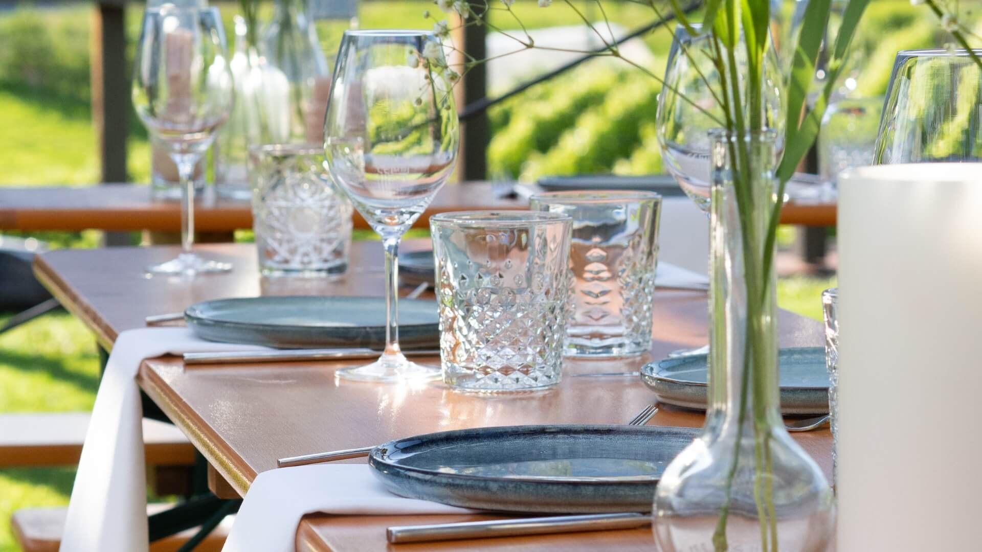 Our classic beer garden table set was lovingly decorated in shades of white and blue for a wedding.