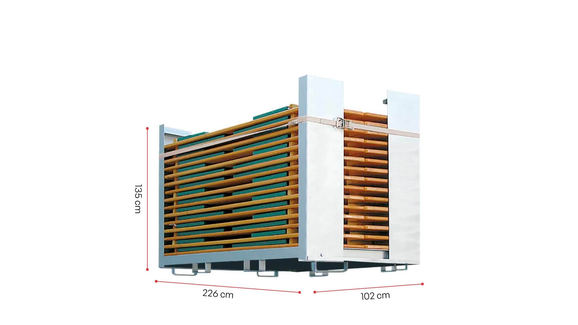 Der Transportcontainer wird mit seinen Maßen dargestellt.