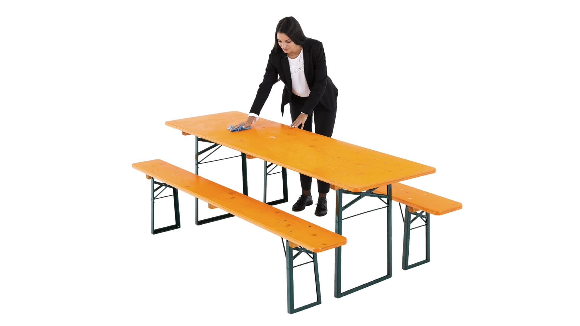 A woman cleans up the water on the beer garden table set.