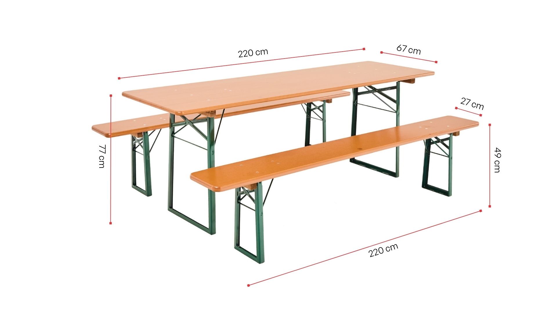 A classic beer garden table sets is shown with its dimensions in nature.