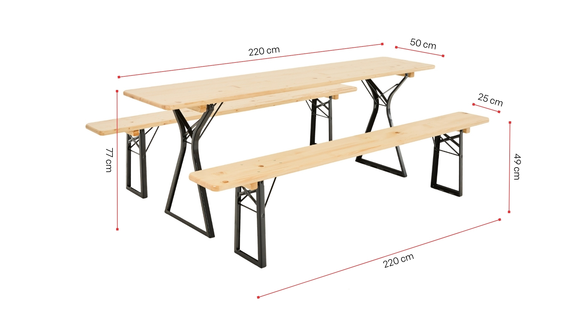 A classic beer garden table set with legroom in nature is shown with its dimensions.