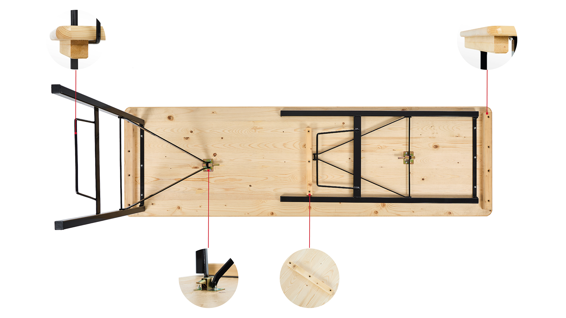 The bottom of the poseur table "200x60" with footboard including small circles with detail photos of the construction are shown in this graphic.