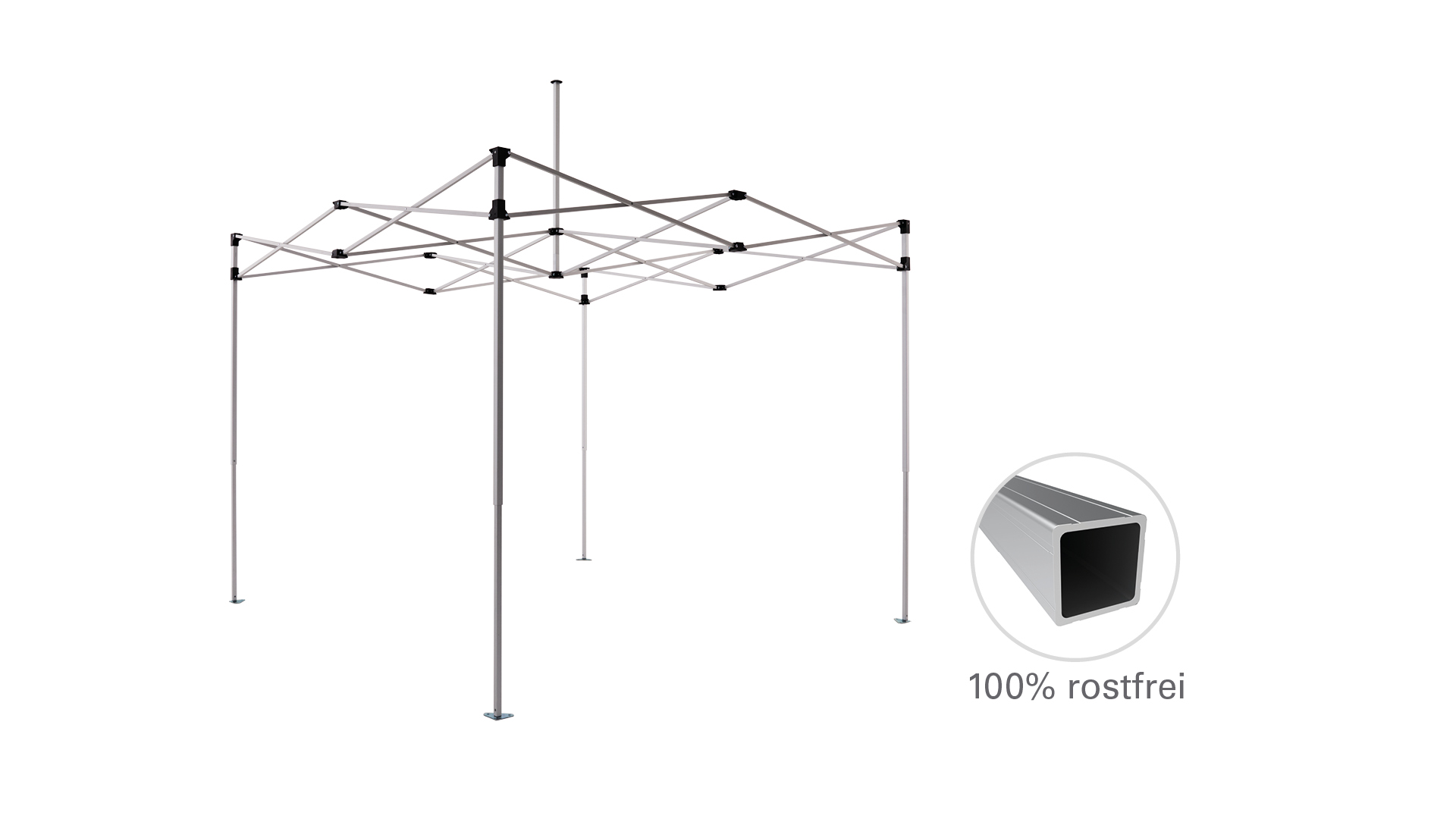 Man sieht die Struktur eines Faltpavillons und dessen Querschnitt des Aluminiumprofils, weshalb der Faltpavillon 100% rostfrei ist.