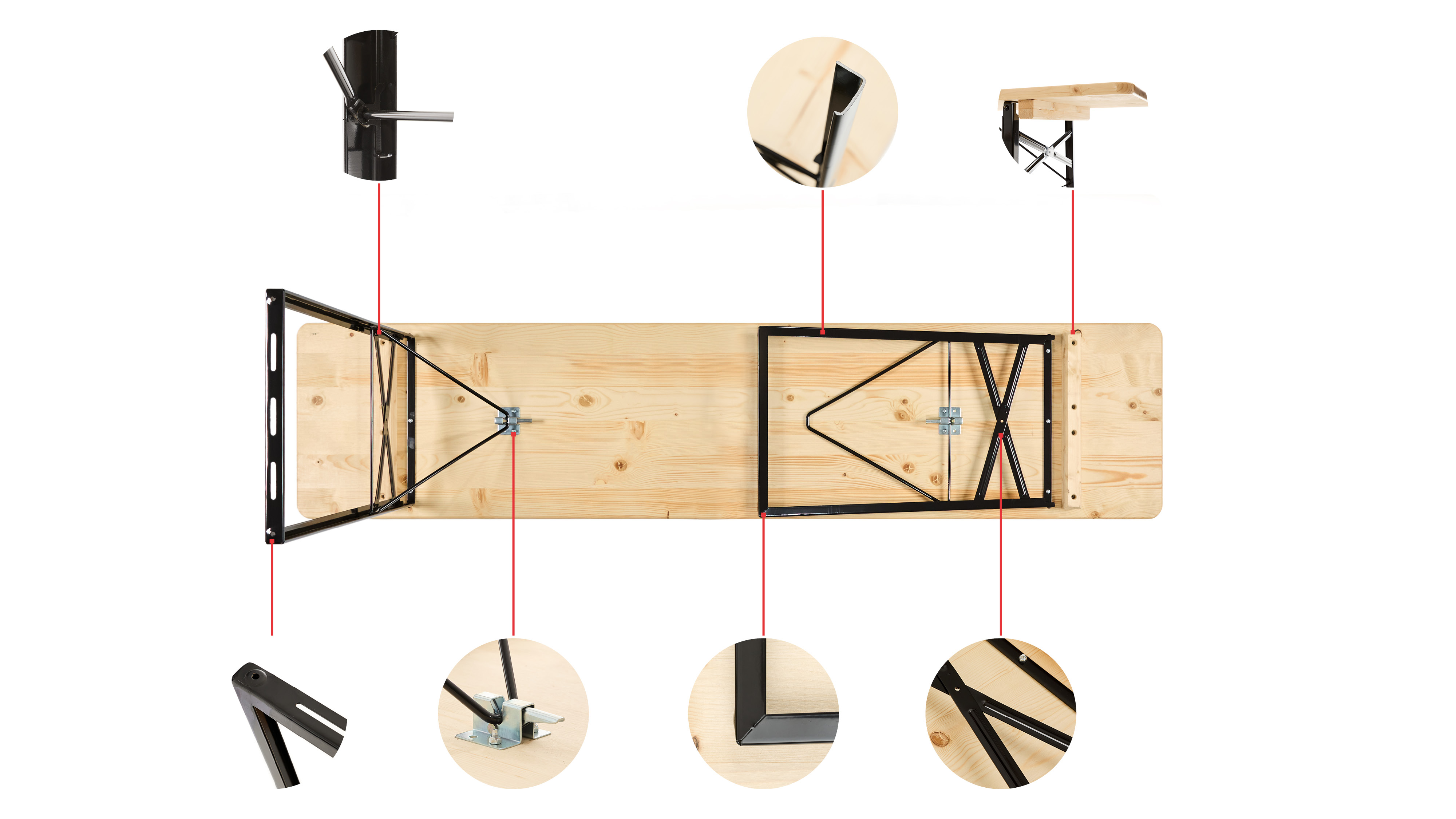 The bottom of the classic beer garden table set including small circles with detail photos of the construction are shown in this graphic.