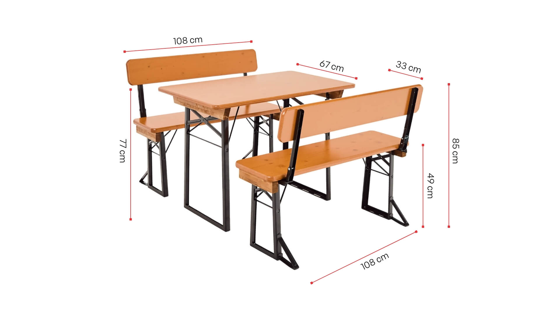 Shorty beer garden table set with backrest is shown with its dimensions in pine.