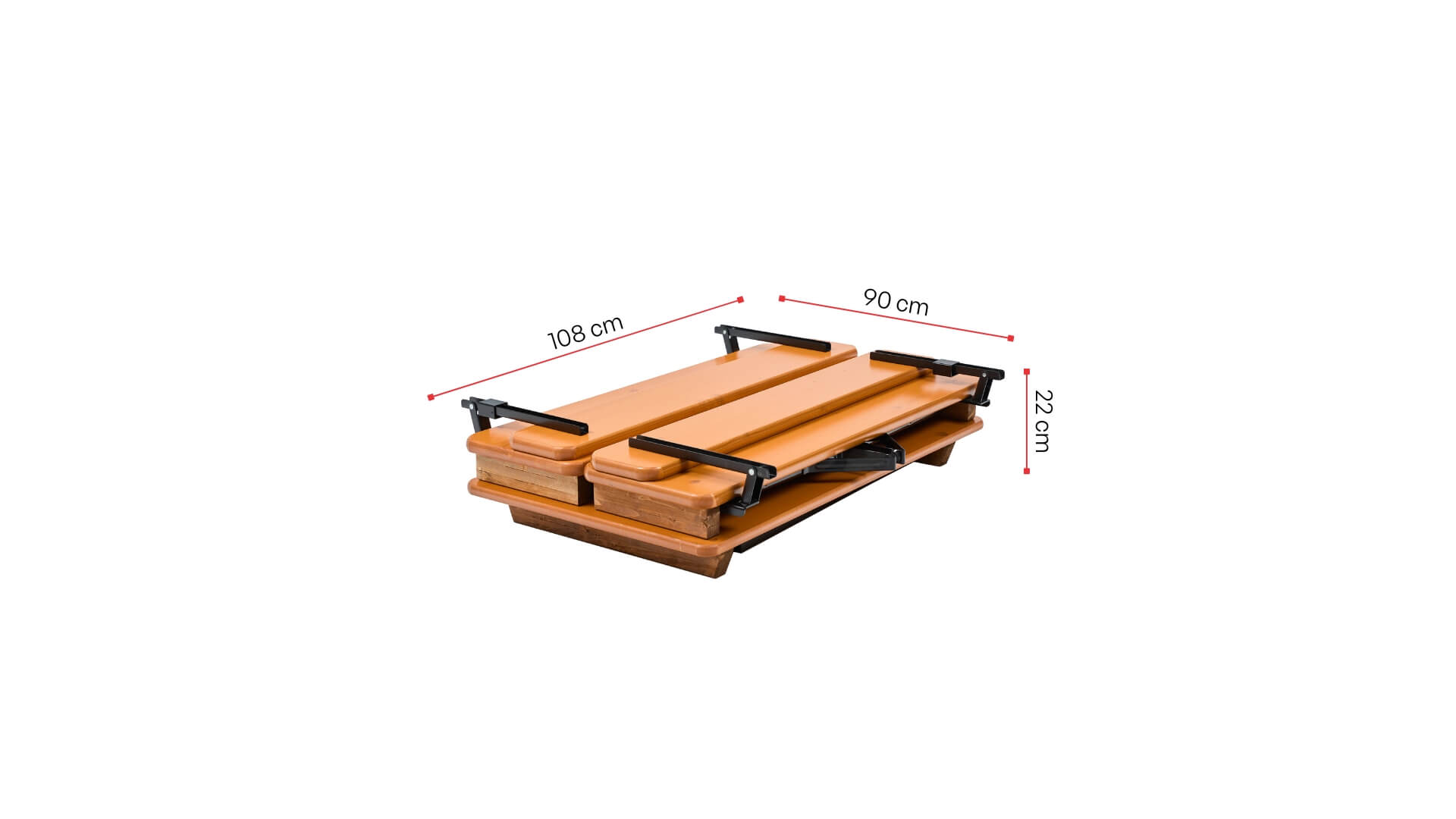 Shorty beer garden table set with backrest is shown with its folded dimensions.