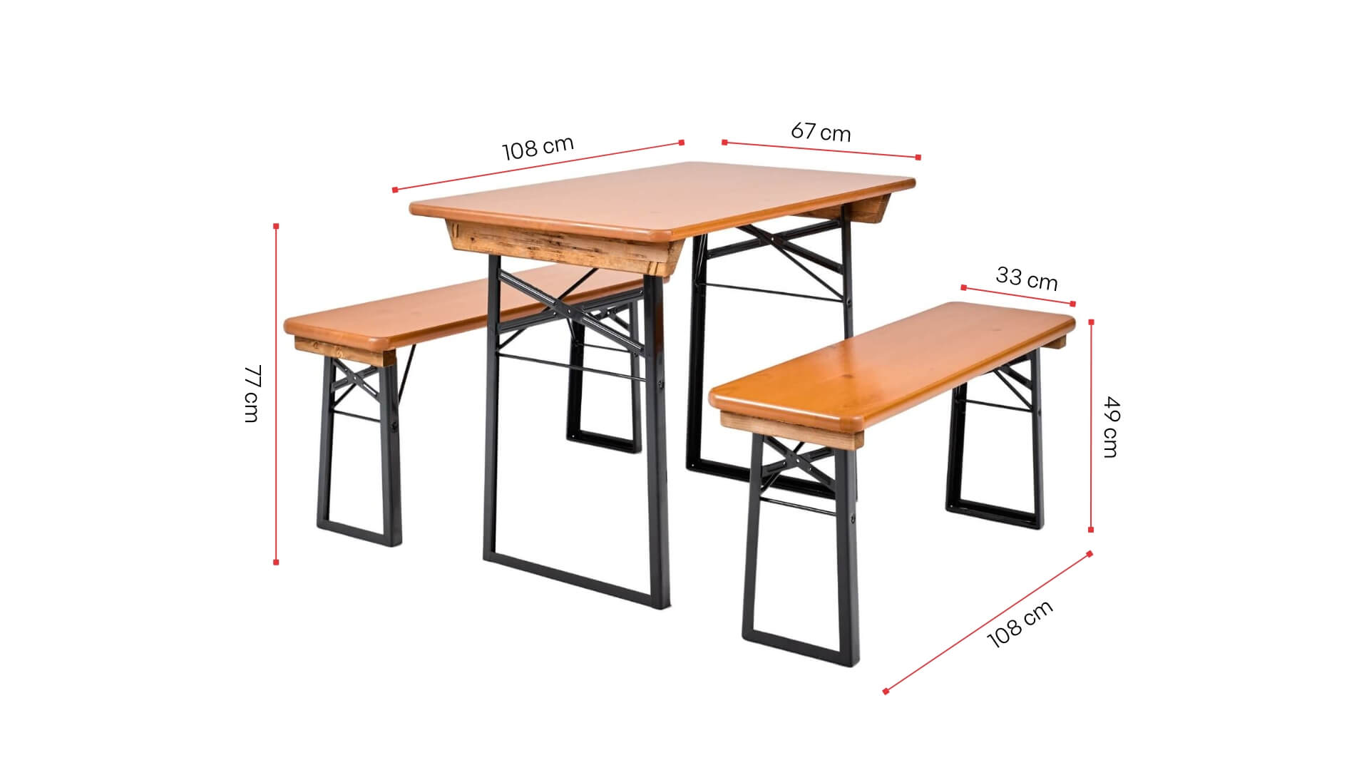 Shorty beer garden table set in pine is shown with its dimensions.