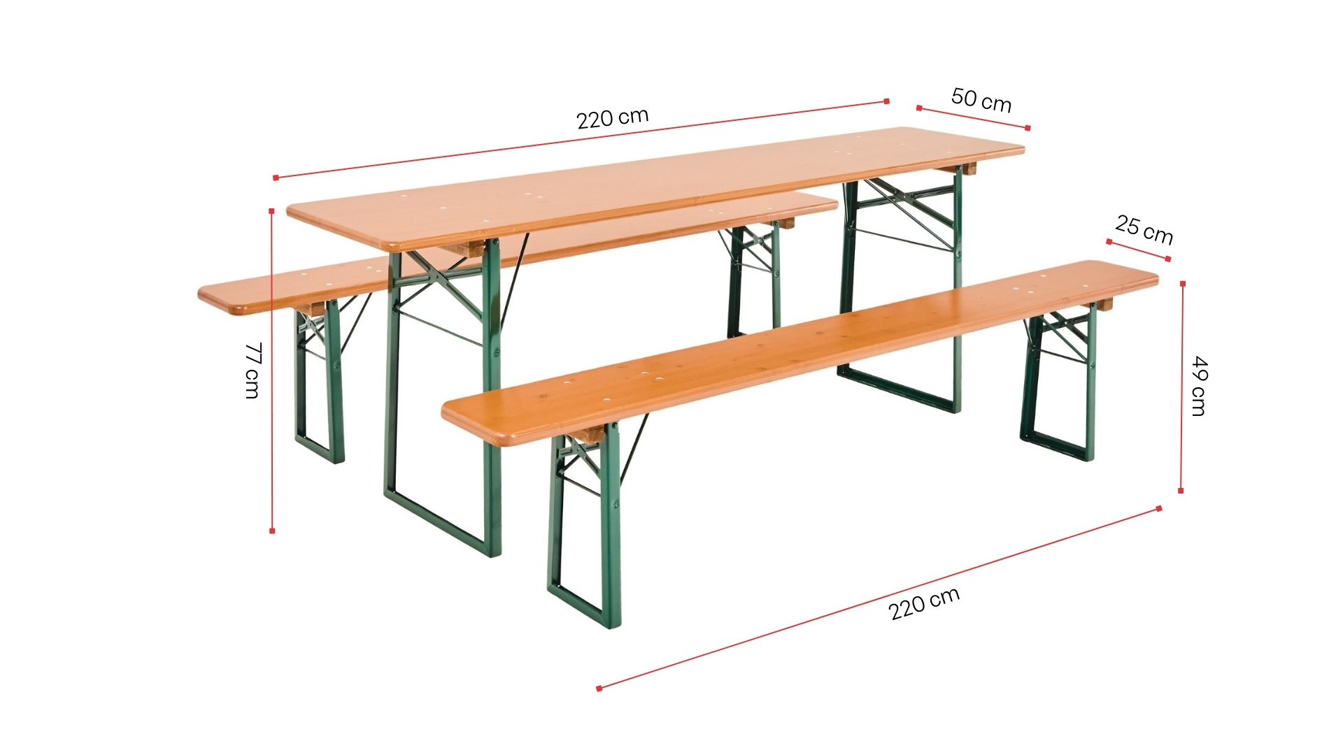A classic beer garden table set in pine is shown with its dimensions.