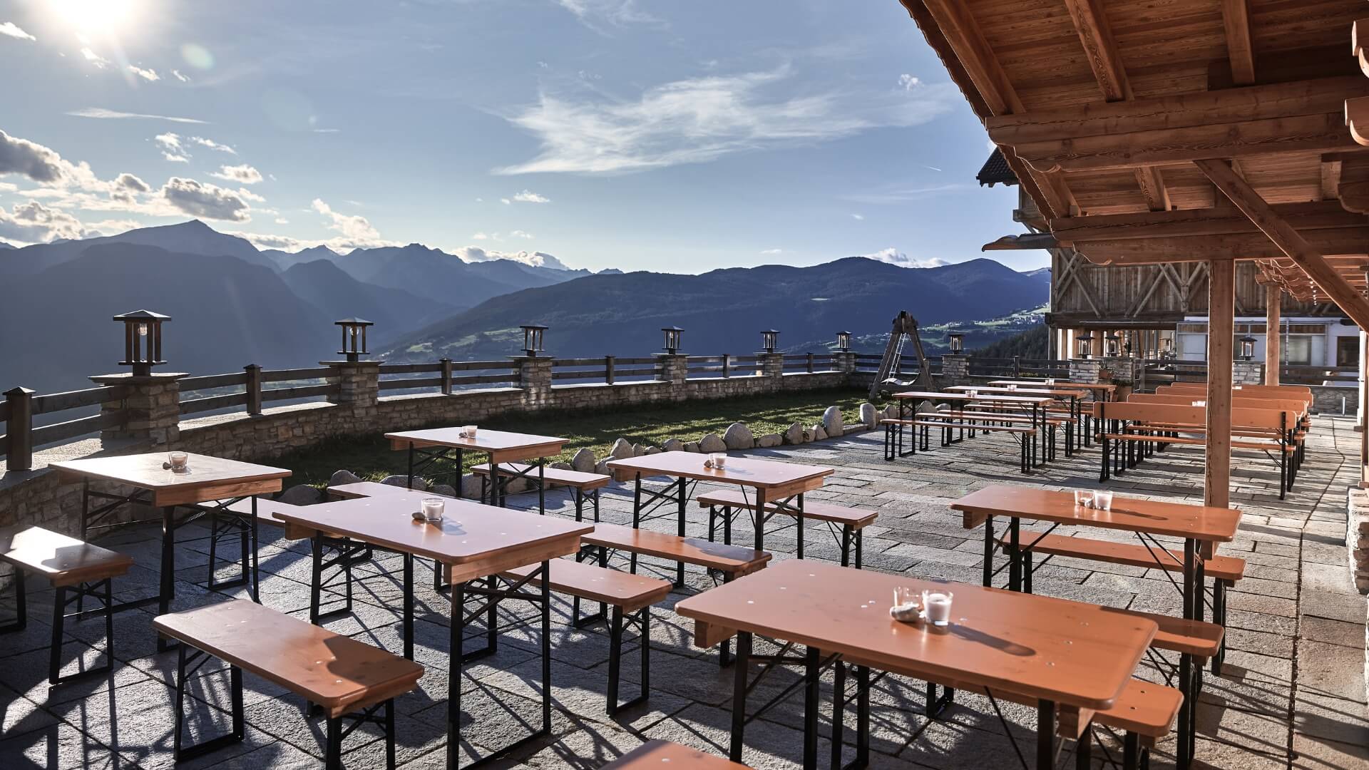 The Ahner Berghof has set up small beer garden table sets on the terrace.
