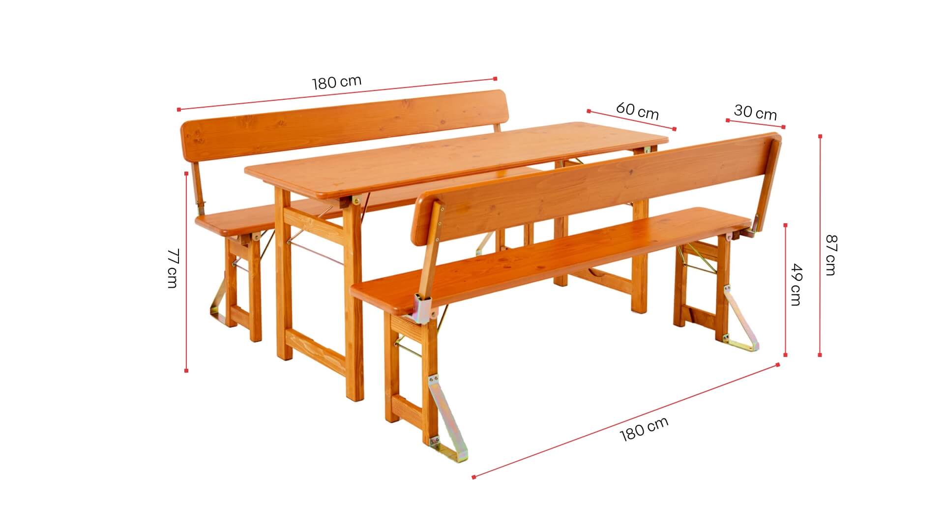 Design set Rustica with backrest is presented with its dimensions in spruce.