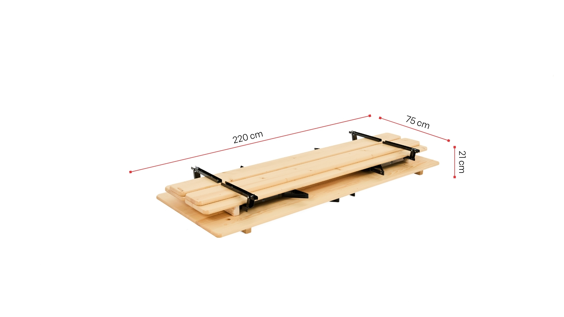 Wide beer garden table set with backrest is shown with its folded dimensions.