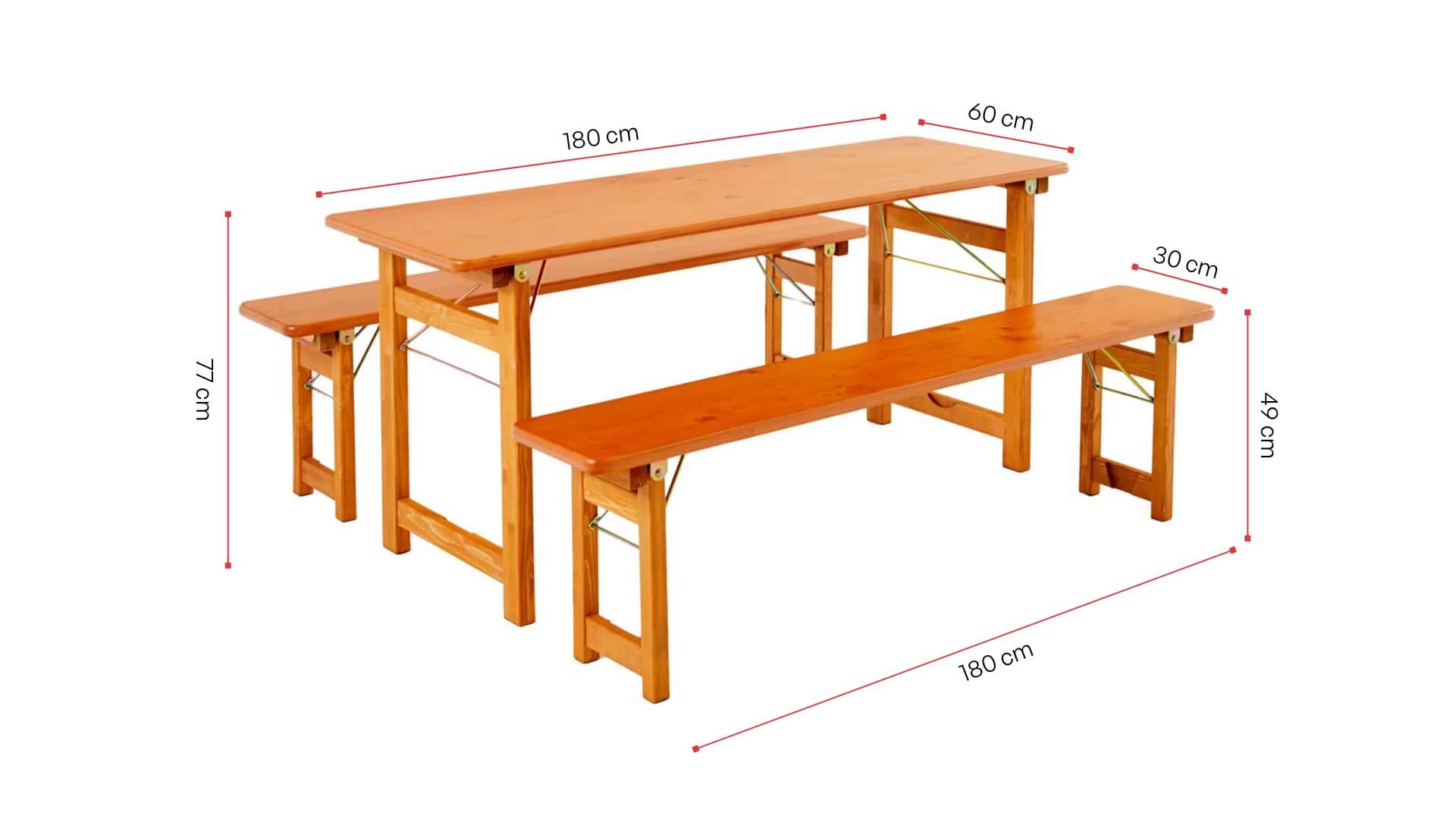 Die Designgarnitur Rustica in Fichte wird mit ihren Maßen dargestellt.