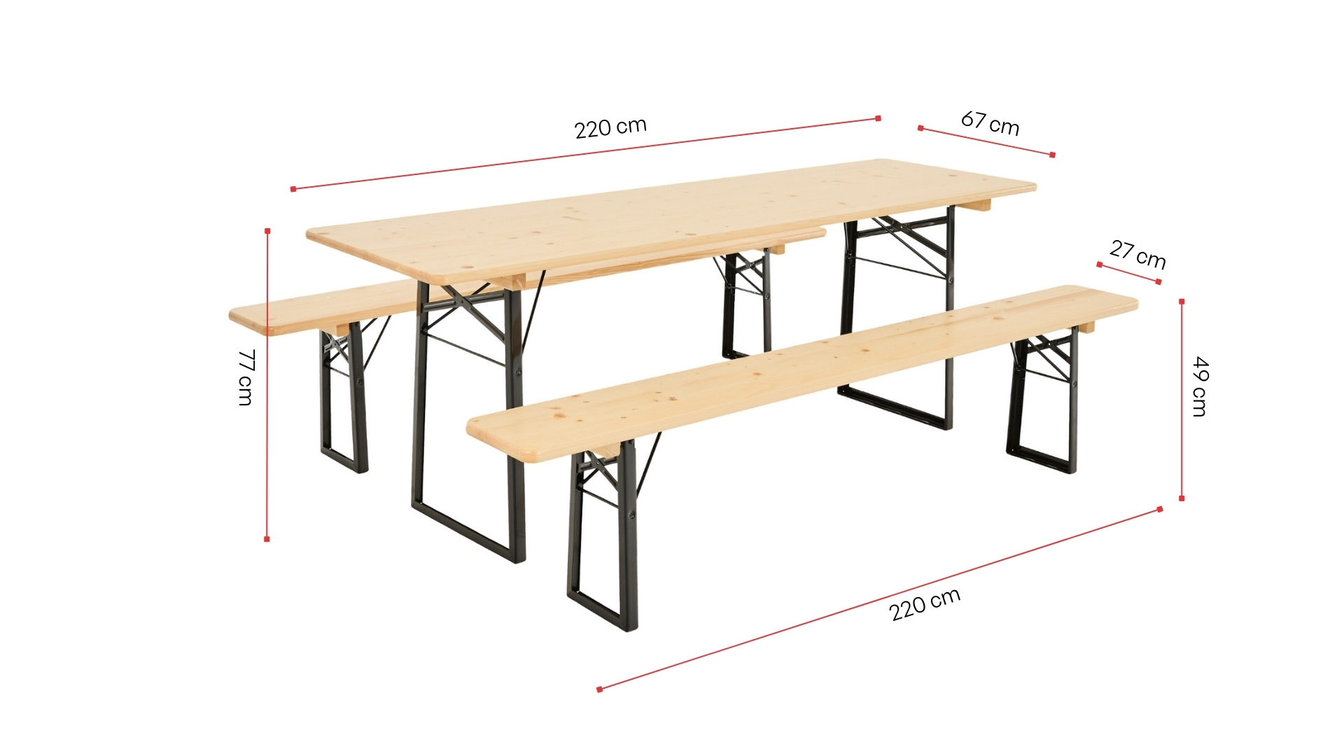 A classic beer garden table sets is shown with its dimensions in nature.
