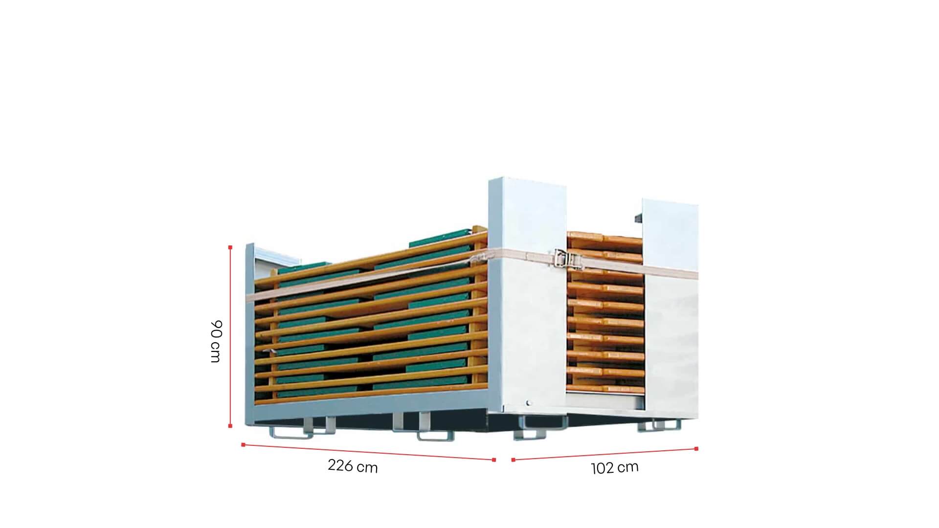 Der Transportcontainer wird mit seinen Maßen dargestellt.