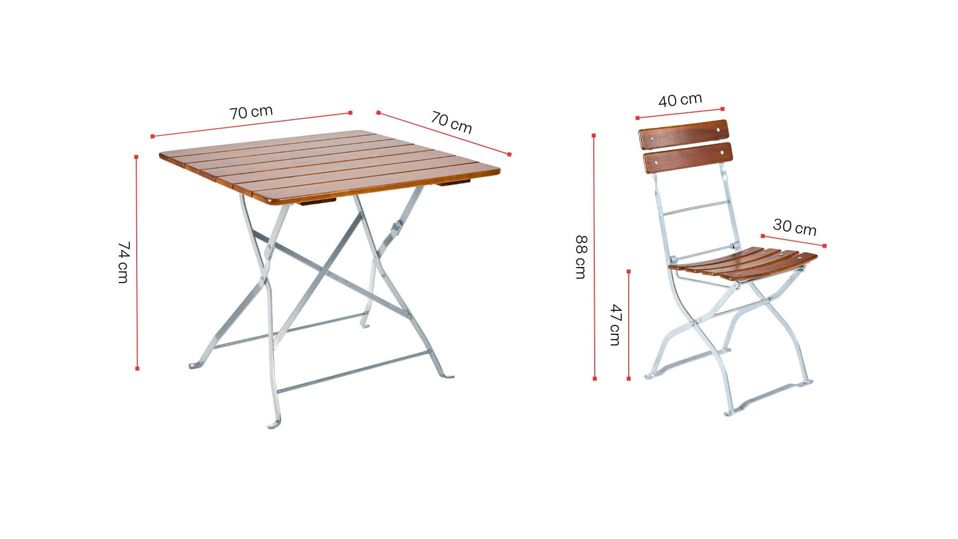 Die Maße des quadratischen Biergartentisches und Biergartenstuhles sind abgebildet.