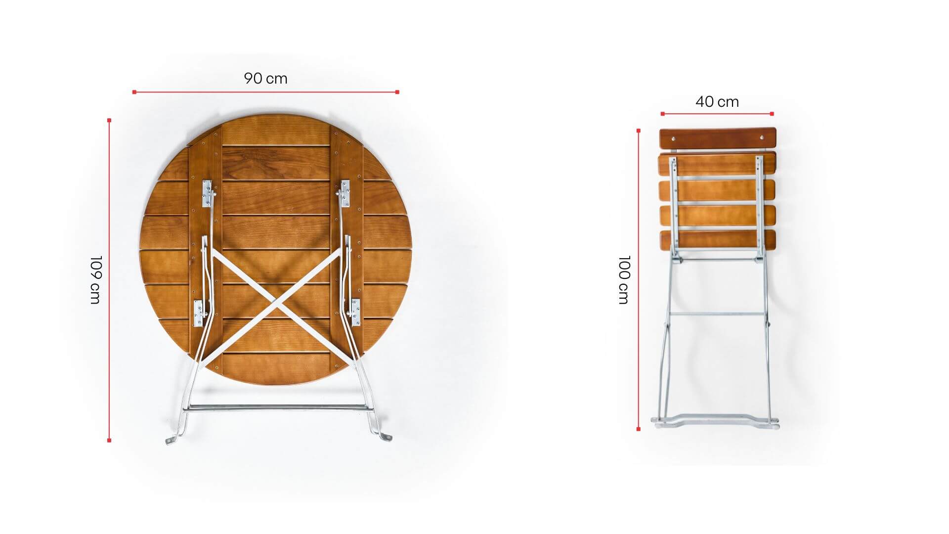 The folded dimensions of the round beer garden table and beer garden chair are shown.